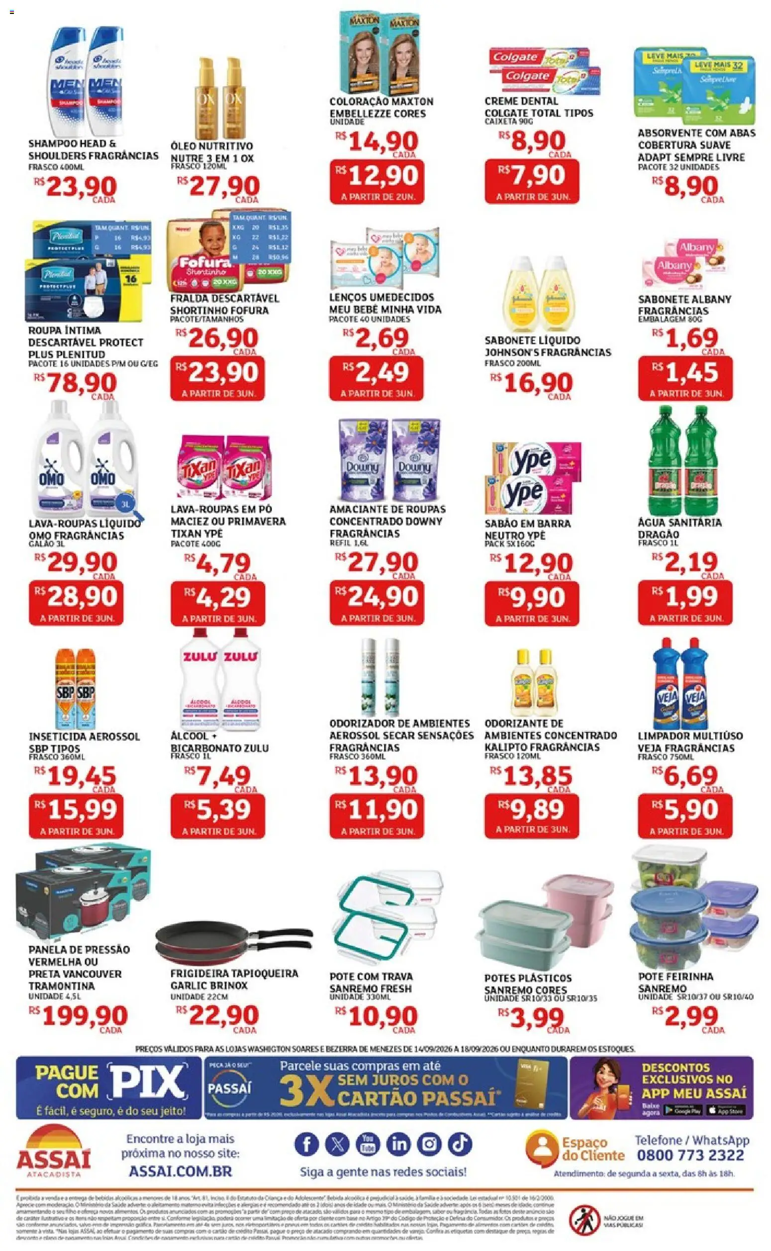 Assaí Atacadista Folheto - válido de 14/09/2026 | Página: 4 | Produtos: Shampoo, Pó, Álcool, Amaciante de roupas