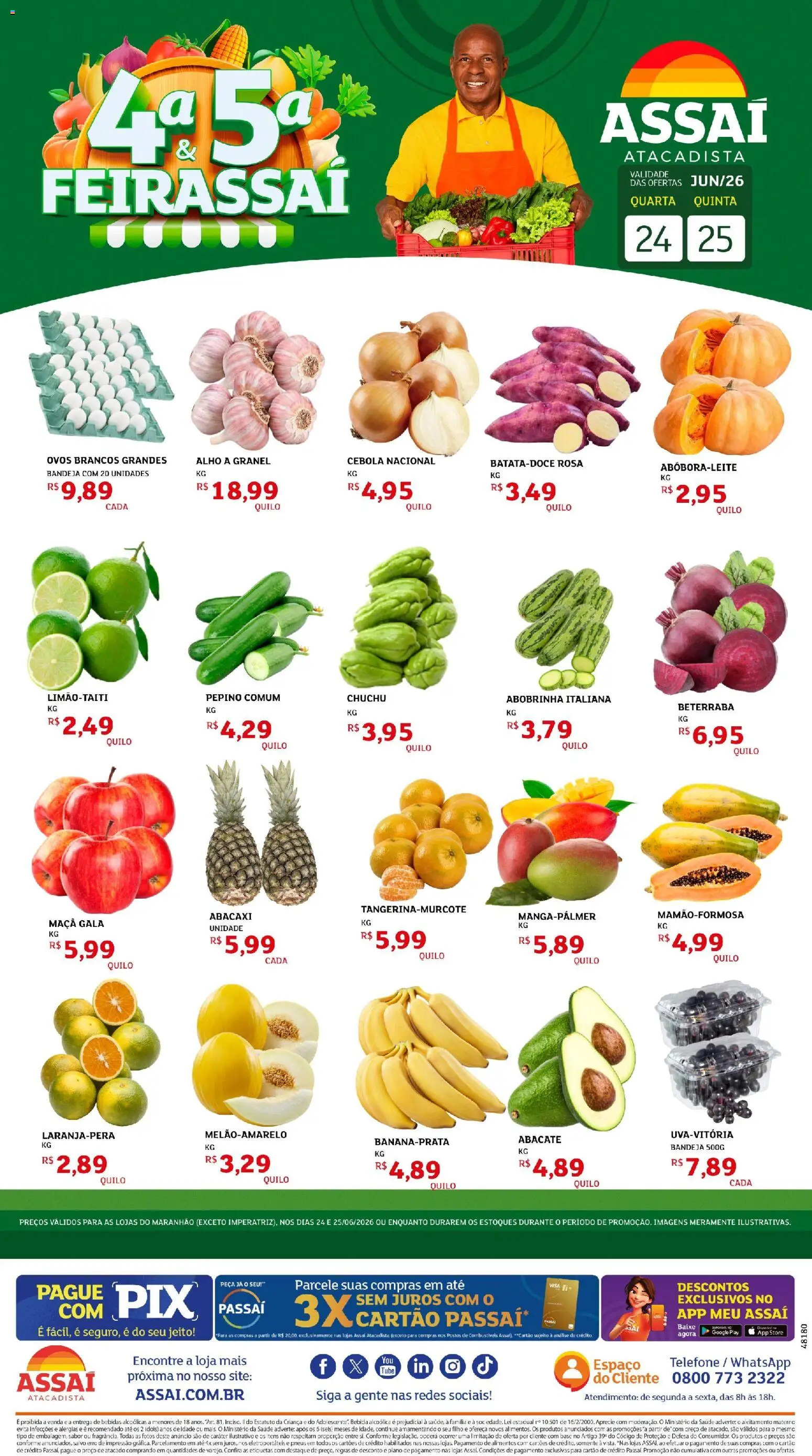 Assaí Atacadista Folheto - válido de 24/06/2026 | Página: 1 | Produtos: Abobrinha, Cebola, Base, Telefone