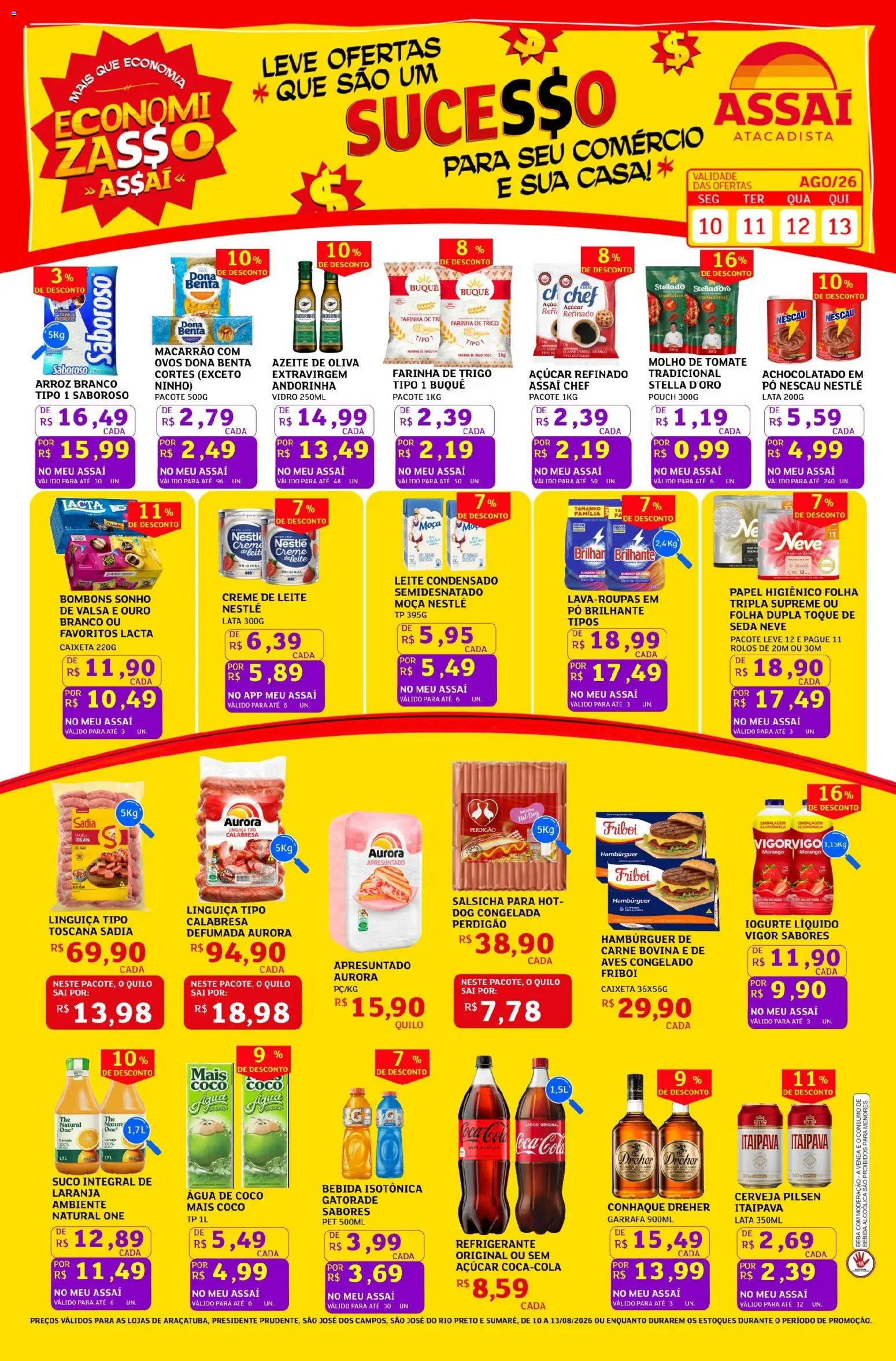 Assaí Atacadista Folheto - válido de 10/08/2026 | Página: 1 | Produtos: Tomate, Conhaque, Linguiça, Iogurte