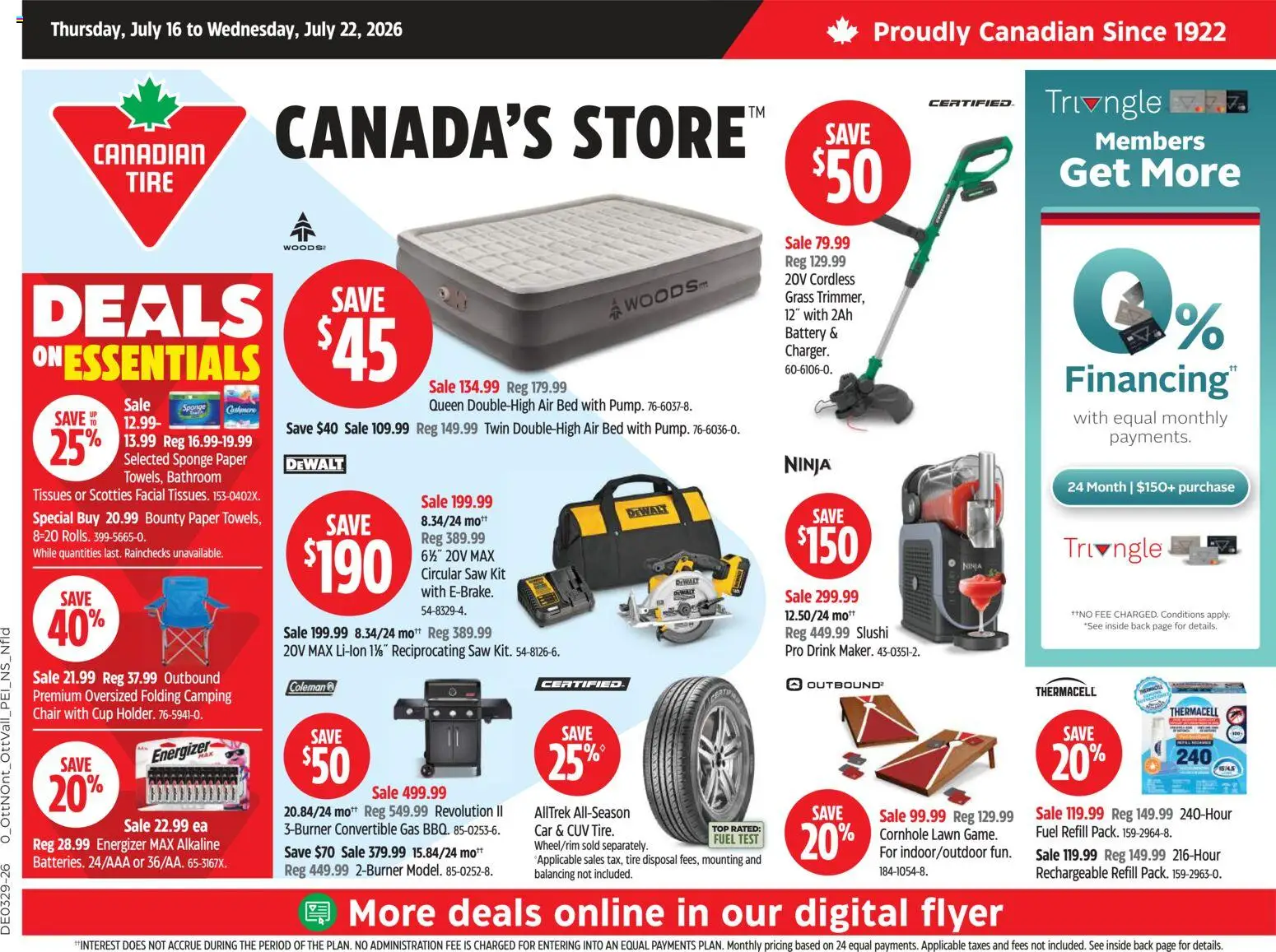 Canadian Tire flyer valid from Jul 16, 2026 | Page: 1 | Products: Tissues, Bed, Chair, Battery