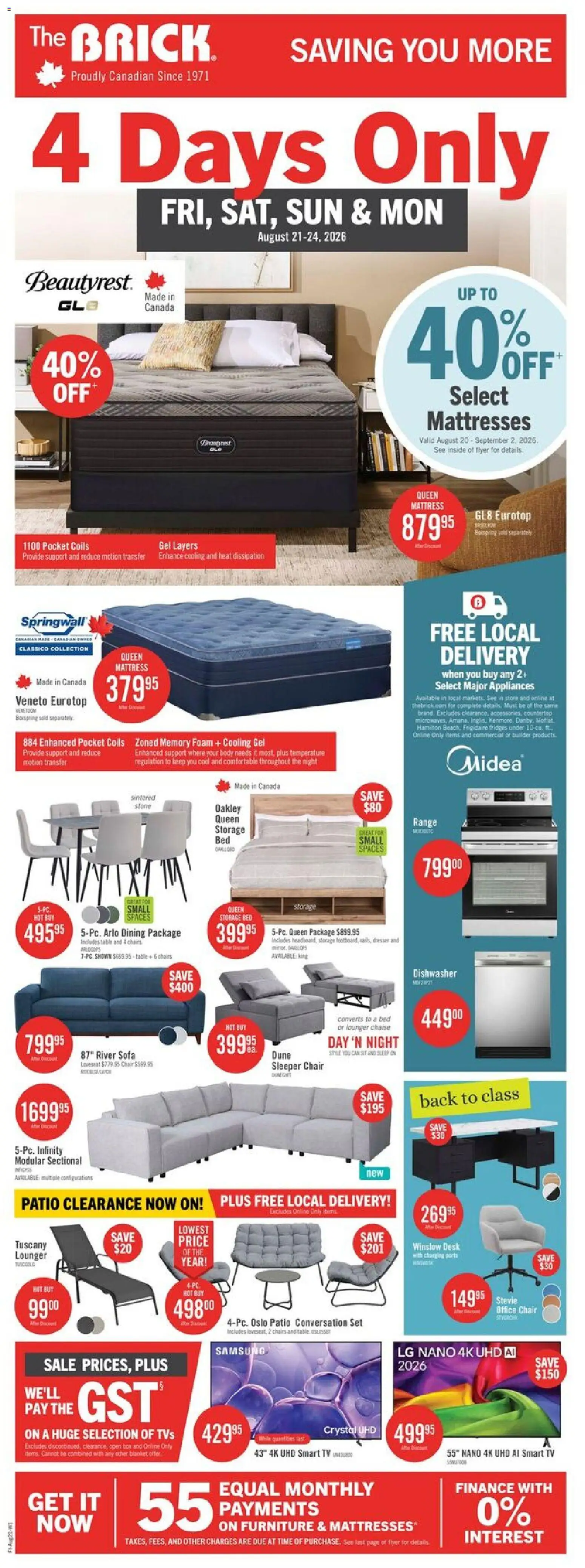 The Brick flyer valid from Aug 20, 2026 | Page: 1 | Products: Tv, Dishwasher, Mattresses, Blanket