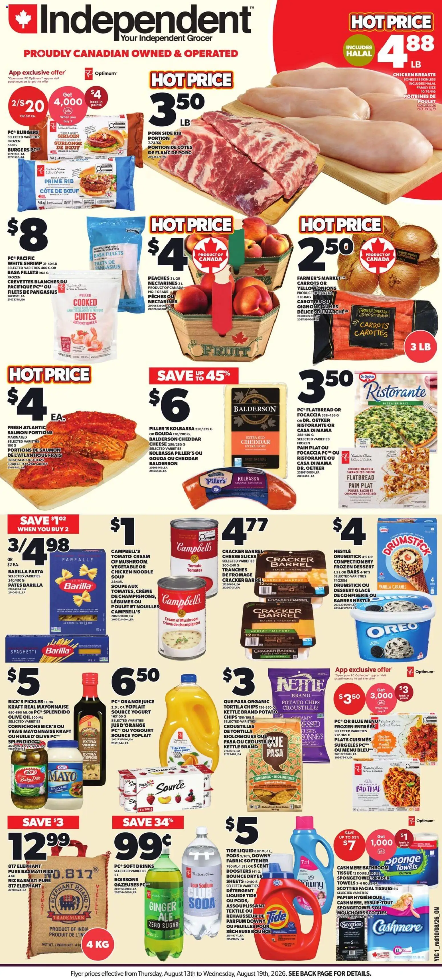 Independent Grocer flyer valid from Aug 13, 2026 | Page: 1 | Products: PC, Barilla pasta, Dryer, Basmati rice