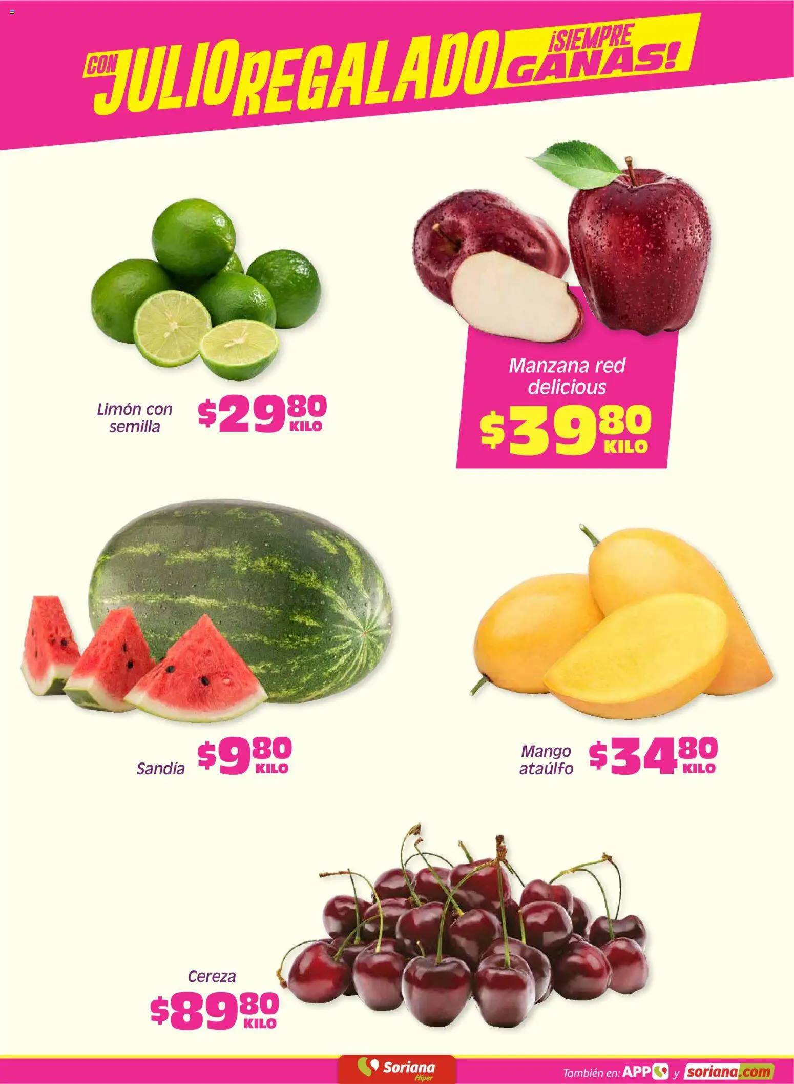 Nuevas ofertas de Soriana válidas en toda la República Mexicana desde el 03/07/2026. ¡Encuentra las mejores ofertas en Soriana Fin de Semana Híper: Chih, Delicias, Dur y Coah (excepto Saltillo)! | Página: 3 | Productos: Sandía, Manzana, Limón, Mango