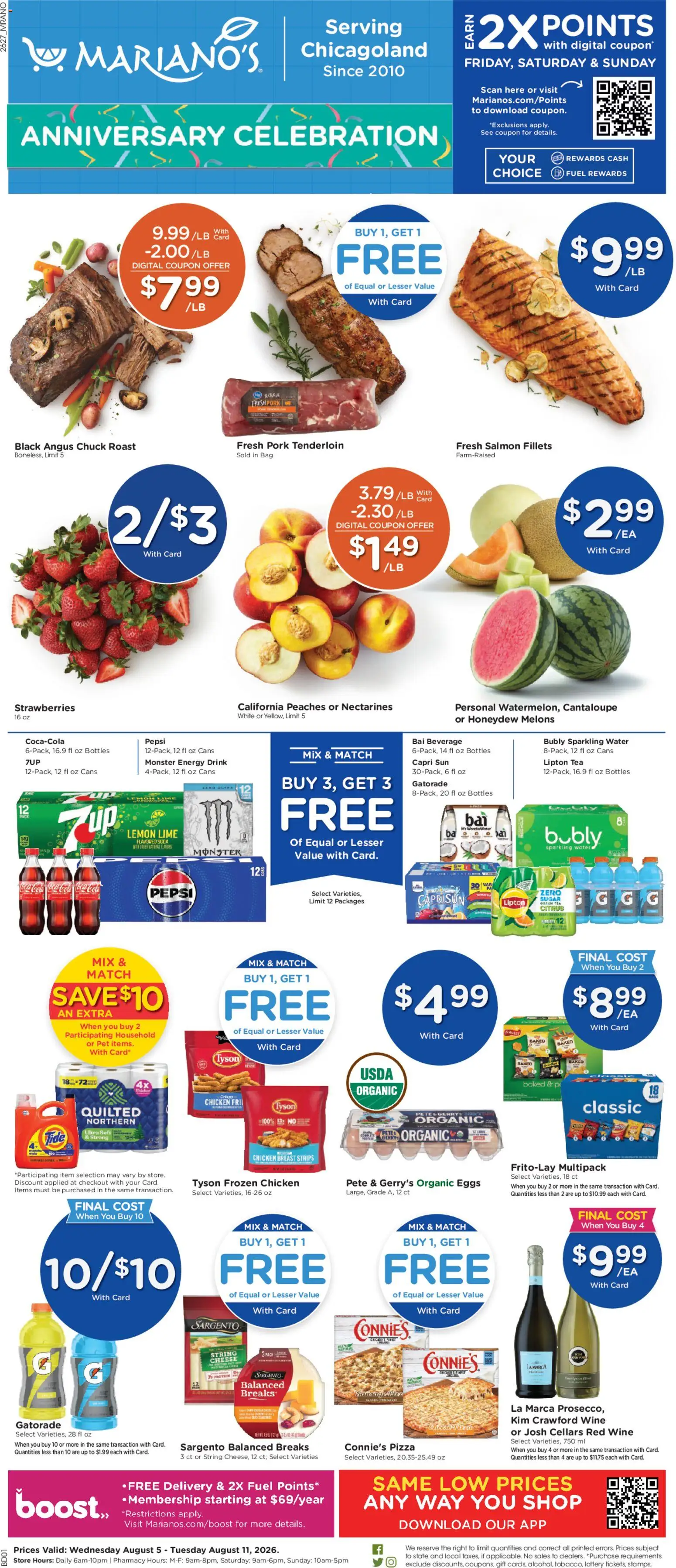 Mariano's Weekly Ad - valid from 08/05/2026 | Page: 1 | Products: Peaches, Wine, Sugar, Lime