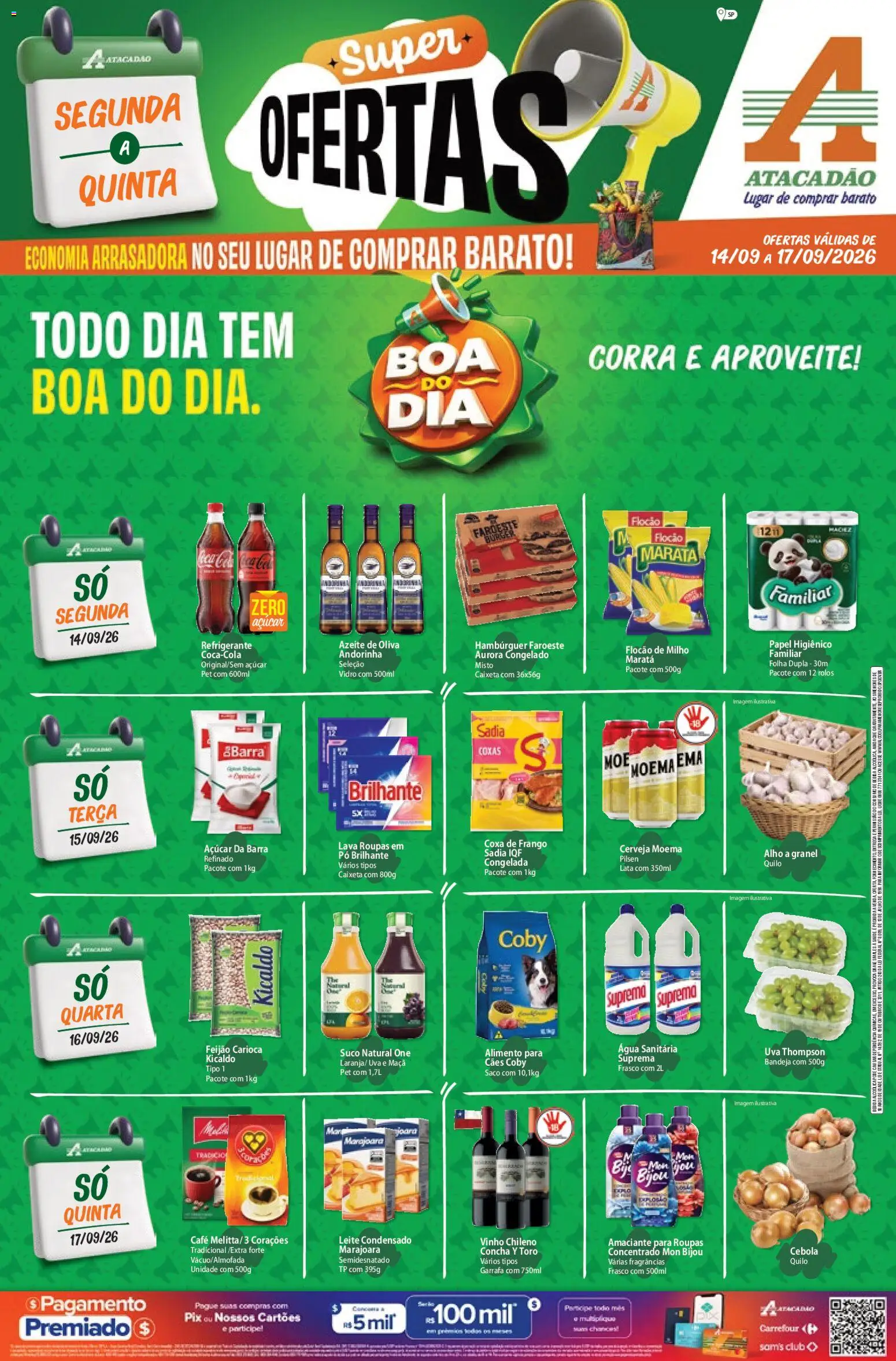 Atacadão Folheto - válido de 14/09/2026 | Página: 1 | Produtos: Leite, Suco, Hambúrguer, Leite condensado