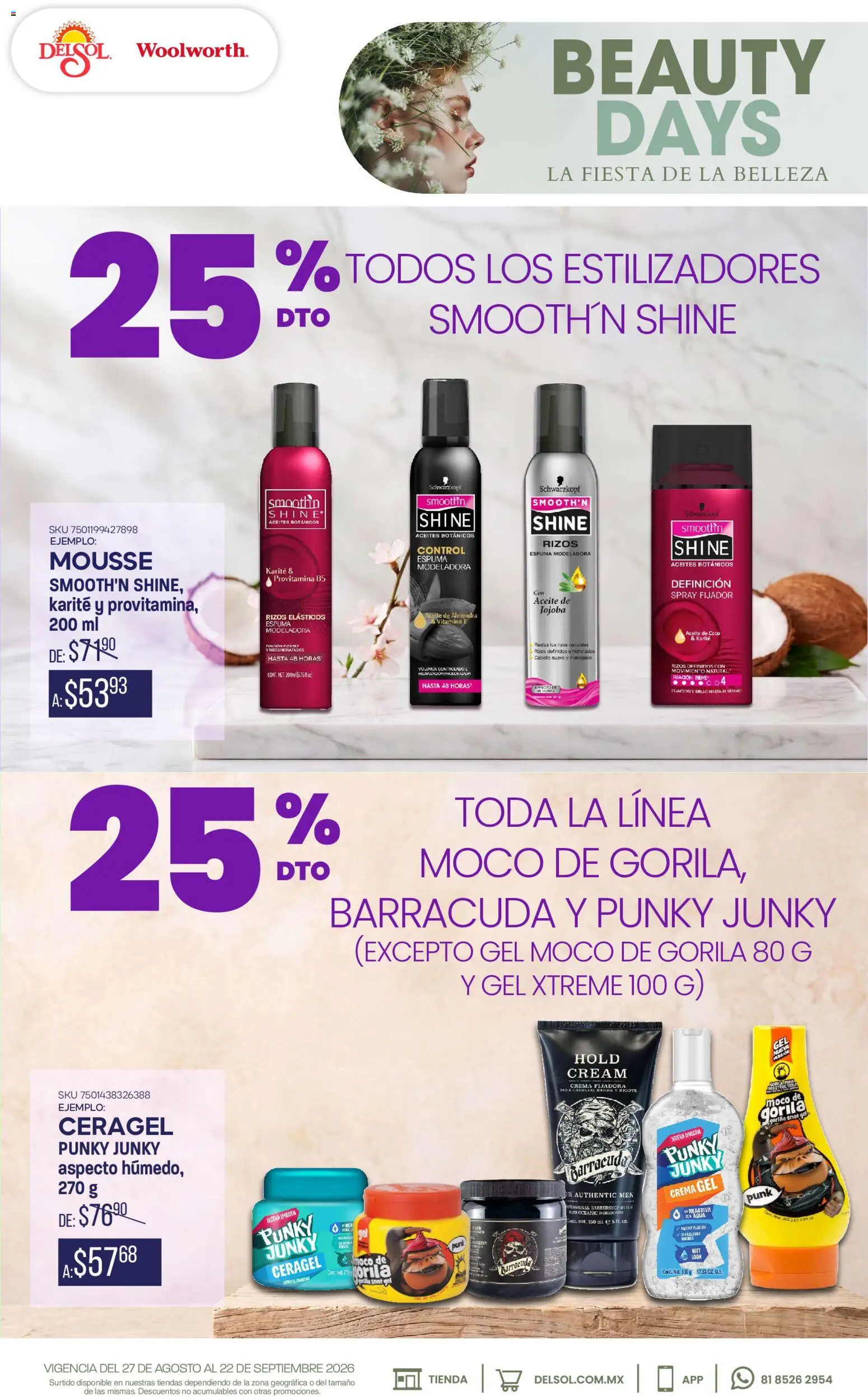 Nuevas ofertas de Del Sol y Woolworth válidas en toda la República Mexicana desde el 27/08/2026. ¡Encuentra las mejores ofertas en Del Sol y Woolworth katalog Beauty Days! | Página: 2 | Productos: Crema, Fijador, Aceite, Mousse