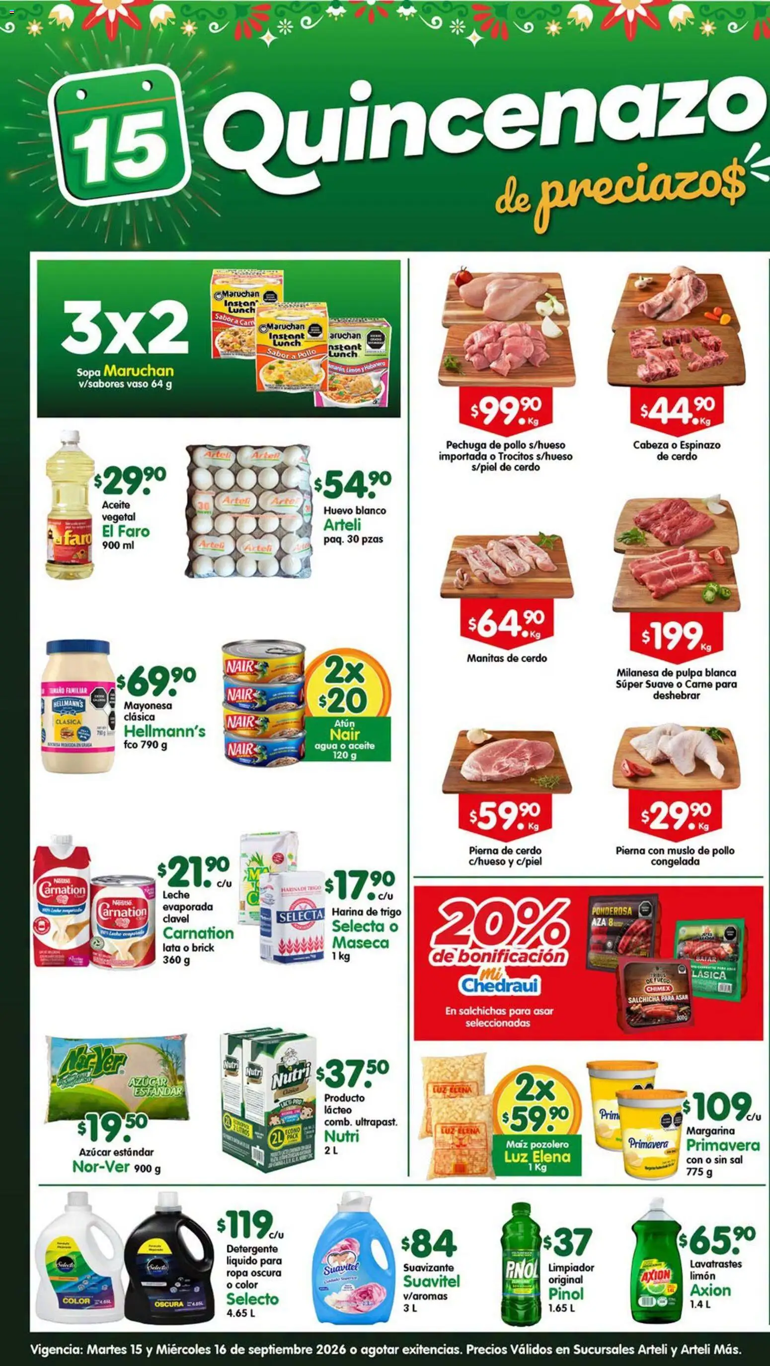 Nuevas ofertas de Arteli válidas en toda la República Mexicana desde el 15/09/2026. ¡Encuentra las mejores ofertas en Arteli folleto! | Página: 1 | Productos: Harina, Detergente líquido para ropa, Carne, Detergente líquido