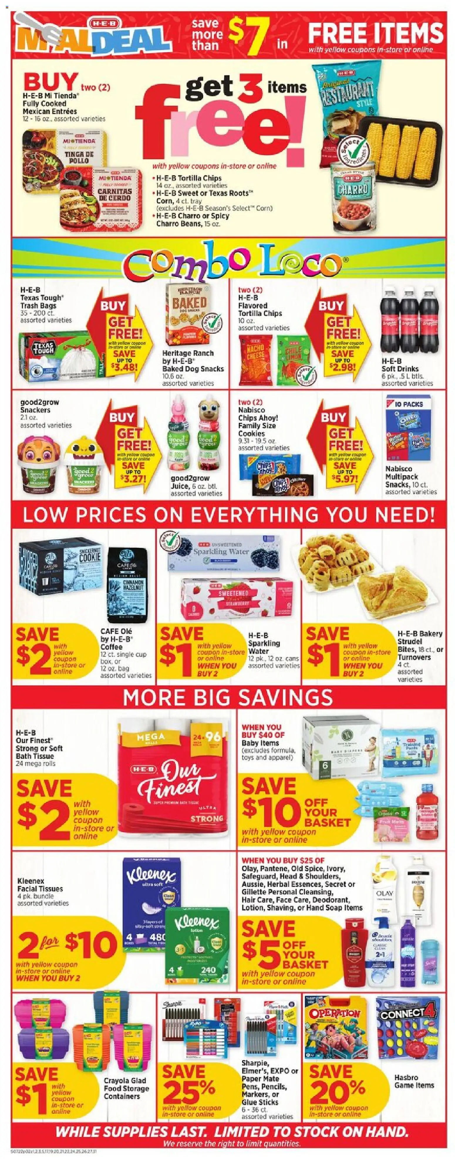 H-E-B Weekly Ad - valid from 07/22/2026 | Page: 2 | Products: Basket, Coffee, Chips, Pants