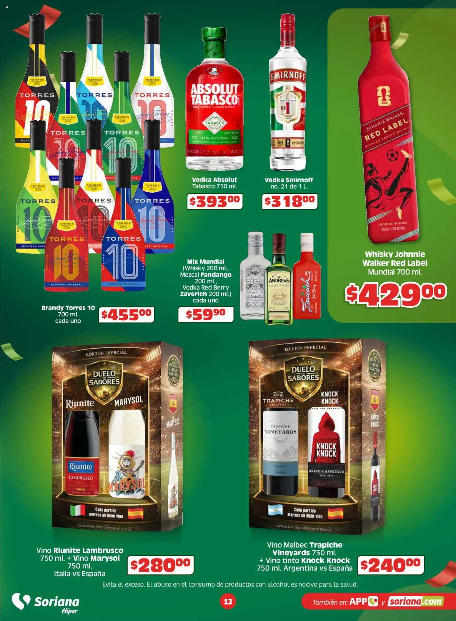 Nuevas ofertas de Soriana válidas en toda la República Mexicana desde el 14.05.2026. ¡Encuentra las mejores ofertas en Soriana En México apoyamos con todo Híper Nacional! | Página: 13 | Productos: Vino, Vodka, Whisky