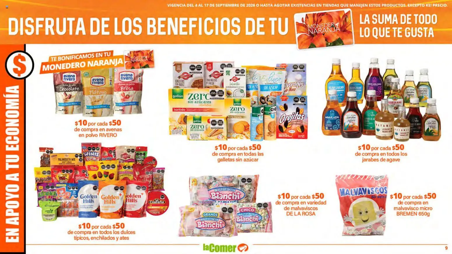 Nuevas ofertas de La Comer válidas en toda la República Mexicana desde el 04/09/2026. ¡Encuentra las mejores ofertas en La Comer folleto! | Página: 9 | Productos: Plátano, Avena, Monedero, Dulces
