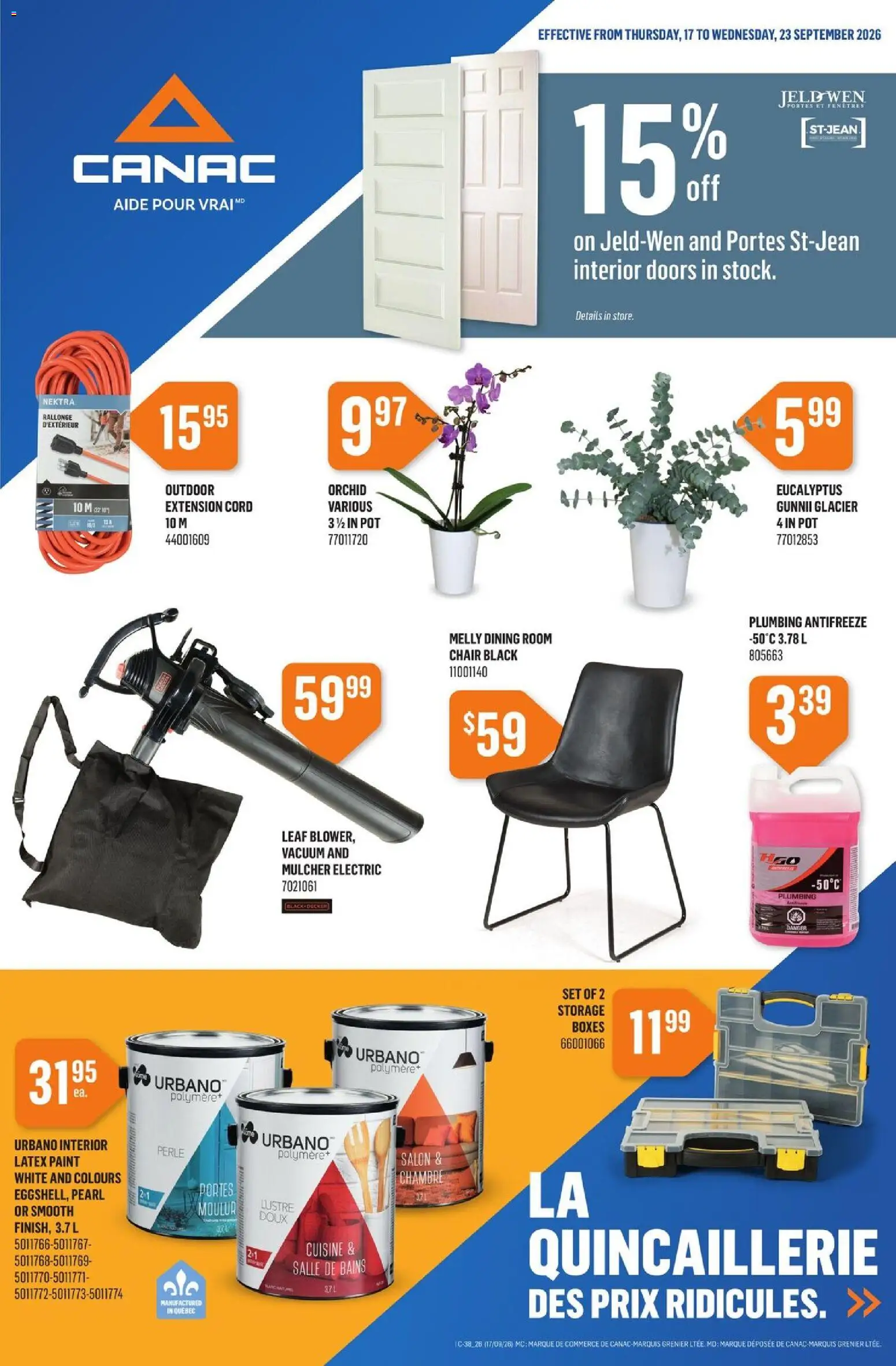Canac flyer valid from Sep 17, 2026 | Page: 1 | Products: Interior doors, Orchid, Chair