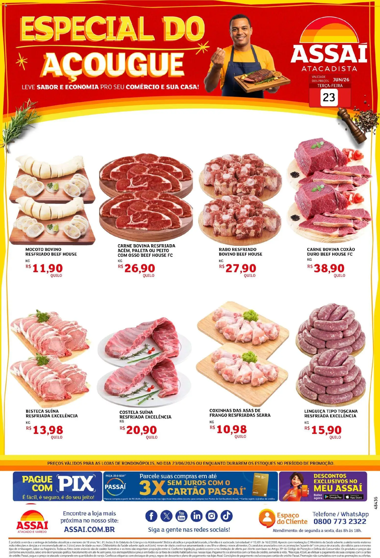 Assaí Atacadista Folheto - válido de 23/06/2026 | Página: 1 | Produtos: Linguiça, Pneus, Carne, Telefone