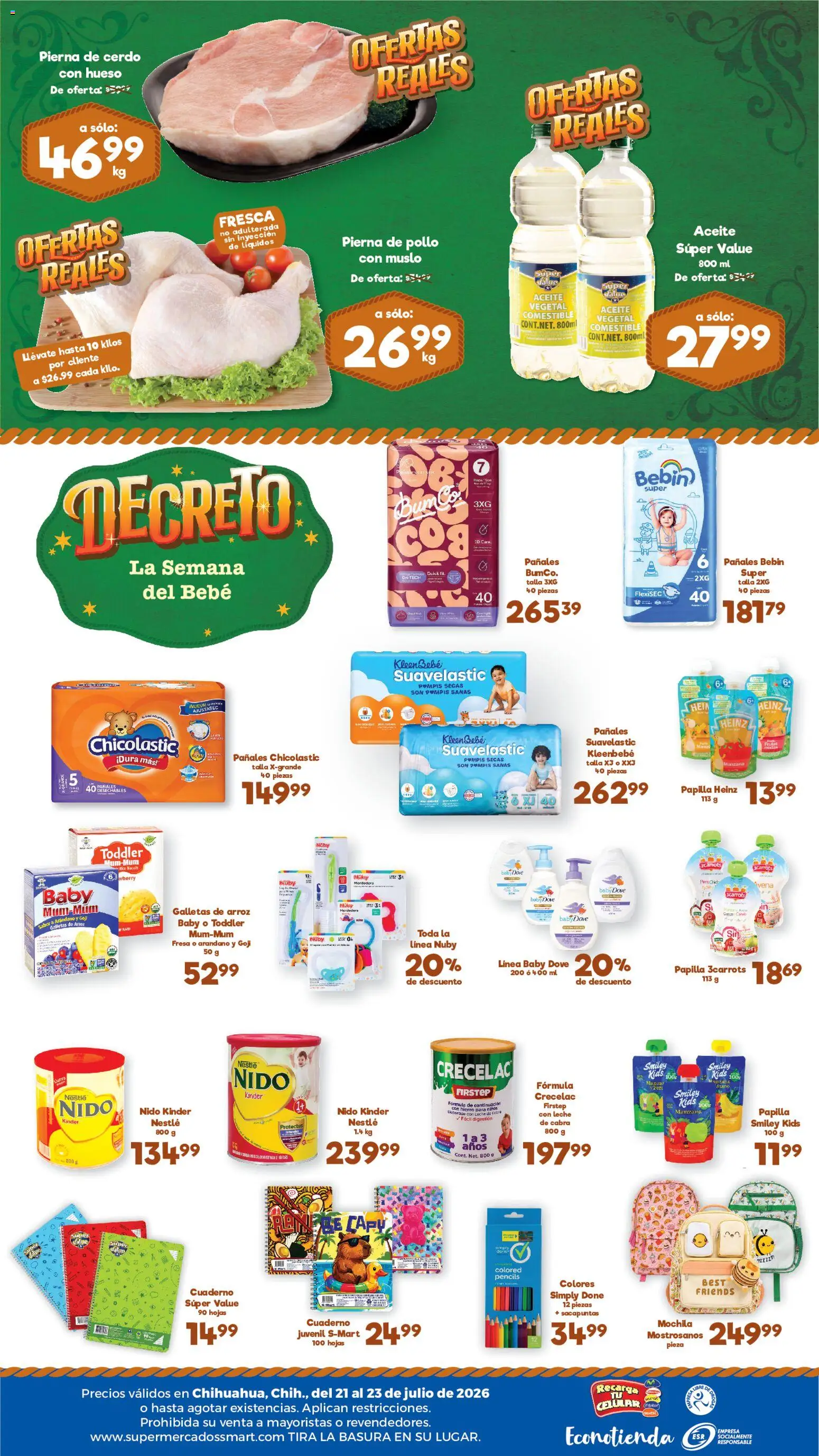Nuevas ofertas de S-Mart válidas en toda la República Mexicana desde el 21/07/2026. ¡Encuentra las mejores ofertas en S-Mart folleto Ofertas de feria Chihuahua! | Página: 2 | Productos: Sacapuntas, Leche, Aceite, Arroz