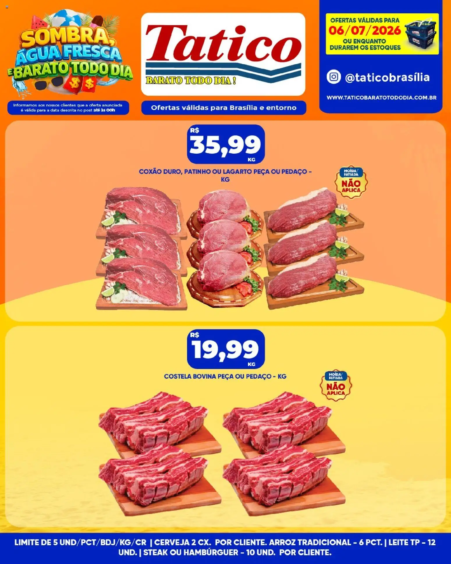 Tatico Folheto - válido de 06/07/2026 | Página: 12 | Produtos: Leite, Cerveja, Arroz, Hambúrguer