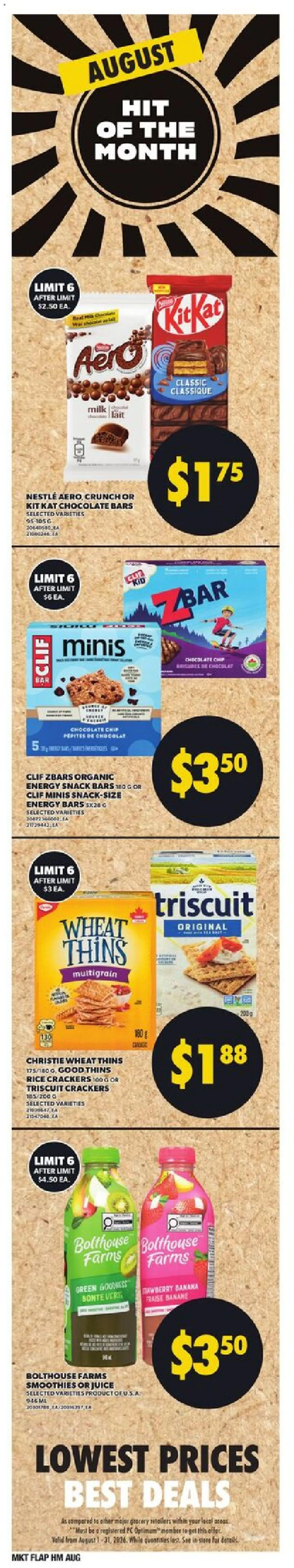 Loblaws flyer valid from Aug 13, 2026 | Page: 5 | Products: Crackers, Milk, Chocolate, Juice
