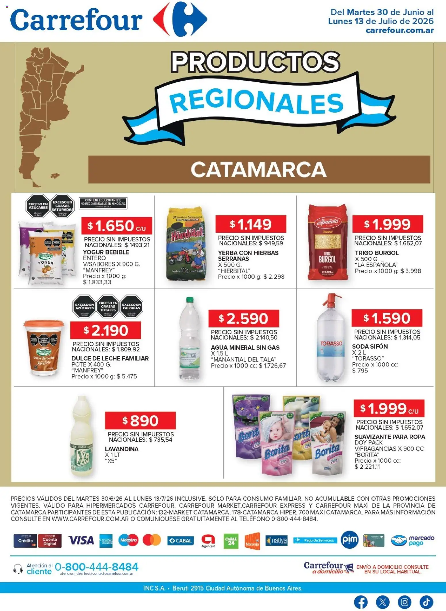 Carrefour - Productos Regionales | Catamarca │ válido desde el 30/06/2026 | Página: 1 | Productos: Teléfono, Lavandina, Dulce de leche, Agua
