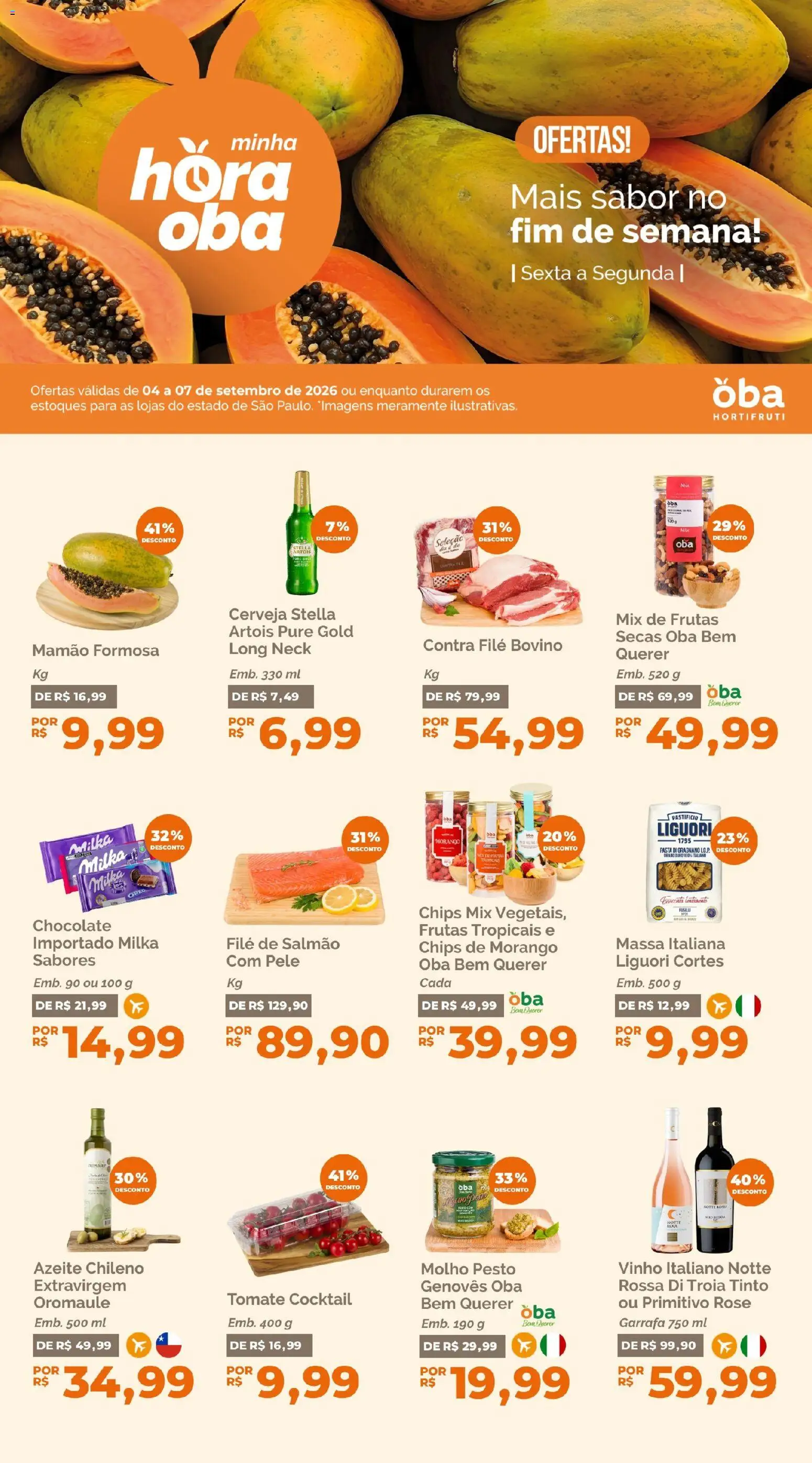 Oba Hortifruti Folheto - válido de 04/09/2026 | Página: 1 | Produtos: Filé de salmão, Vinho, Azeite, Frutas tropicais