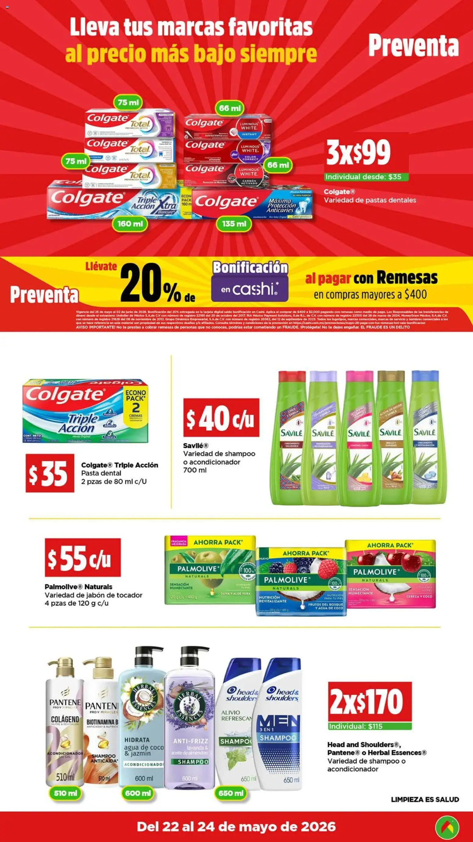 Nuevas ofertas de Bodega Aurrerá válidas en toda la República Mexicana desde el 22.05.2026. ¡Encuentra las mejores ofertas en Bodega Aurrerá folleto Preventa! | Página: 13 | Productos: Pasta dental, Agua, Té, Acondicionador