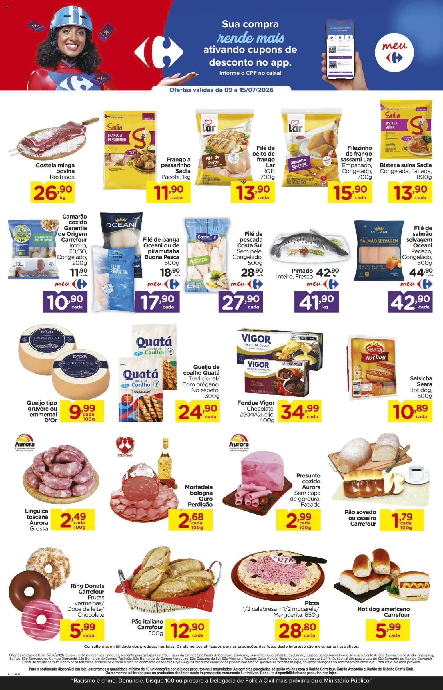 Carrefour Folheto - válido de 09/07/2026 | Página: 2 | Produtos: Linguiça, Caixa, Camarão, Peixe