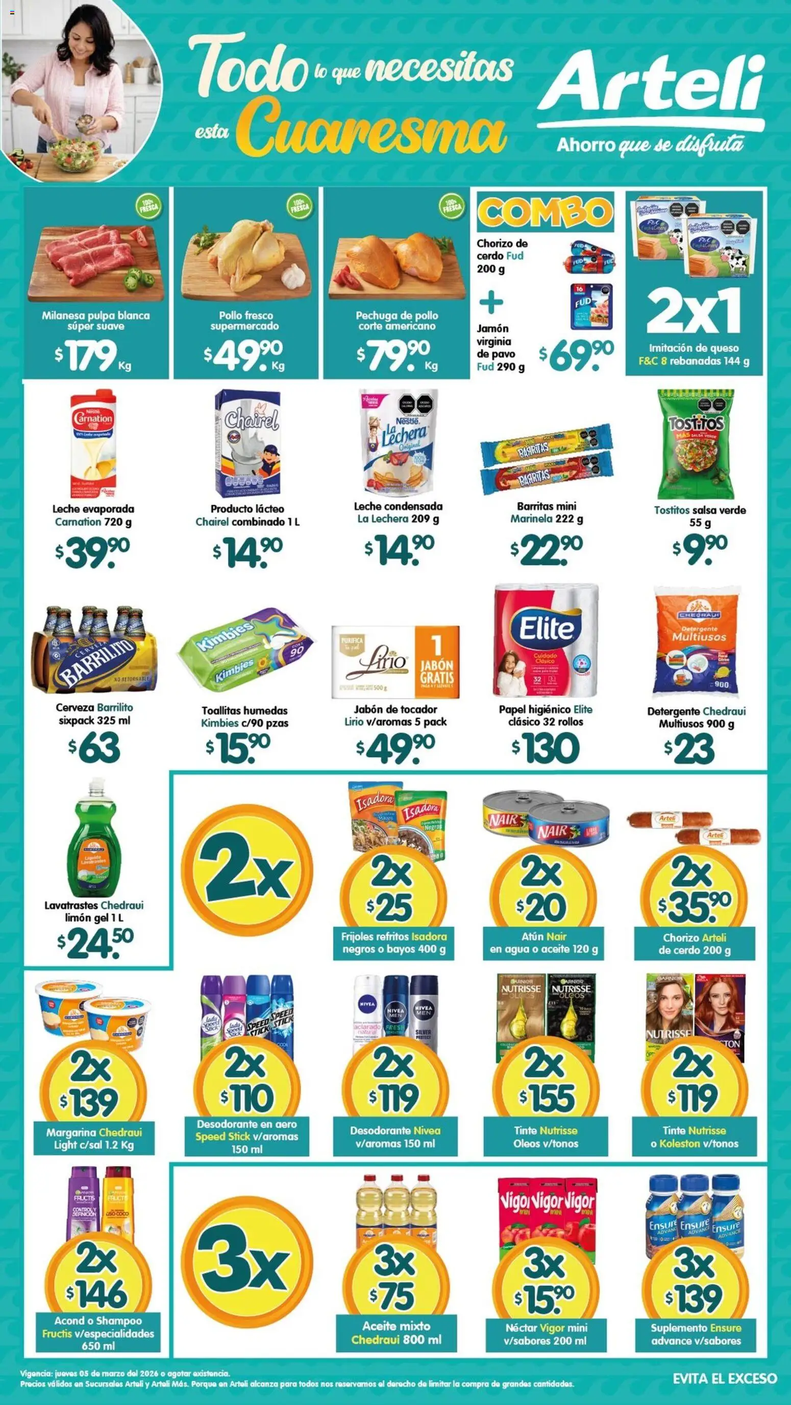 Nuevas ofertas de Arteli válidas en toda la República Mexicana desde el 05.03.2026. ¡Encuentra las mejores ofertas en Arteli folleto Valles! | Página: 1 | Productos: Agua, Queso, Aceite, Jabón