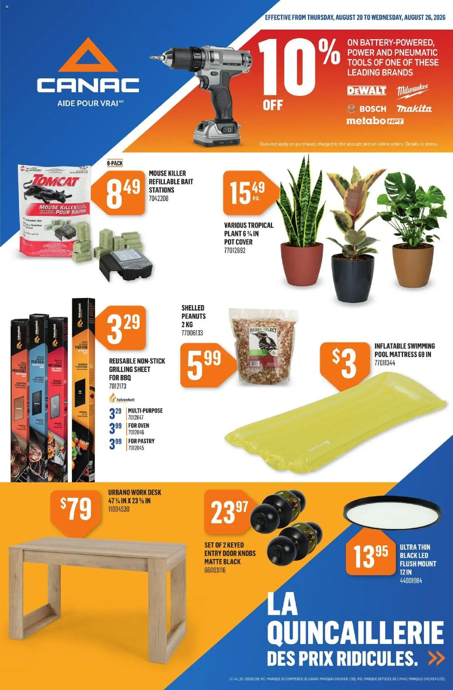 Canac flyer valid from Aug 20, 2026 | Page: 1 | Products: Pastry, Peanuts, Tools, Mattress