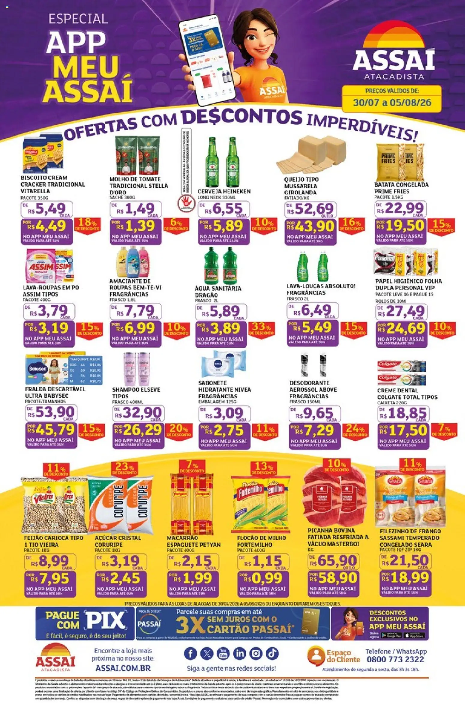 Assaí Atacadista Folheto - válido de 30/07/2026 | Página: 1 | Produtos: Espaguete, Cerveja Heineken, Roupas, Água sanitária