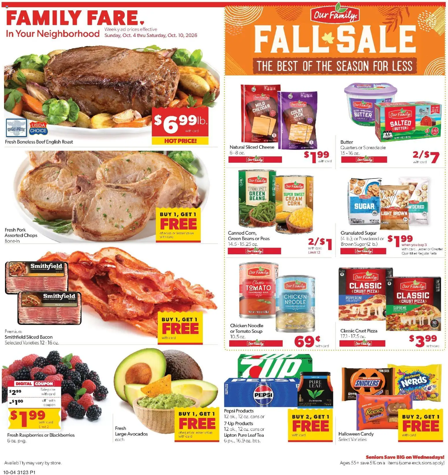 Family Fare Weekly Ad - ND - valid from 10/04/2026 | Page: 1 | Products: Granulated sugar, Pork, Bacon, Cream