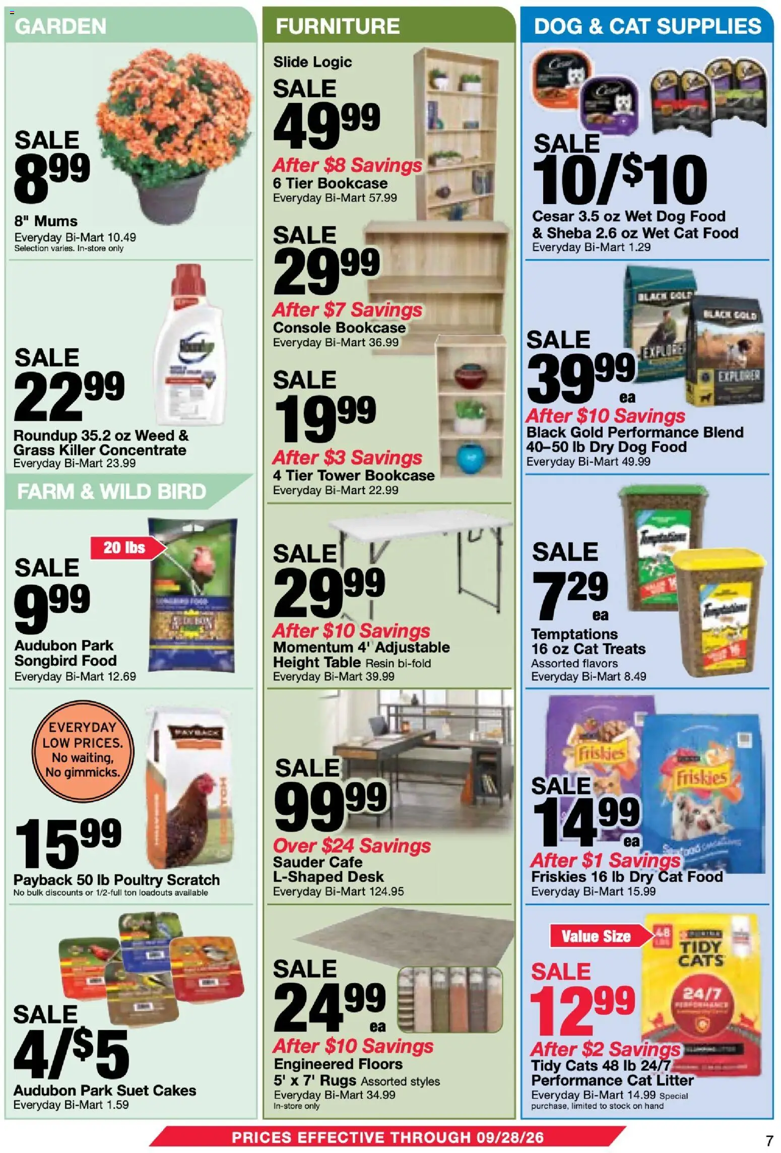 Bi-Mart Memberships Savings Book - valid from 09/15/2026 | Page: 7 | Products: Table, Dog Food, Bookcase, Poultry