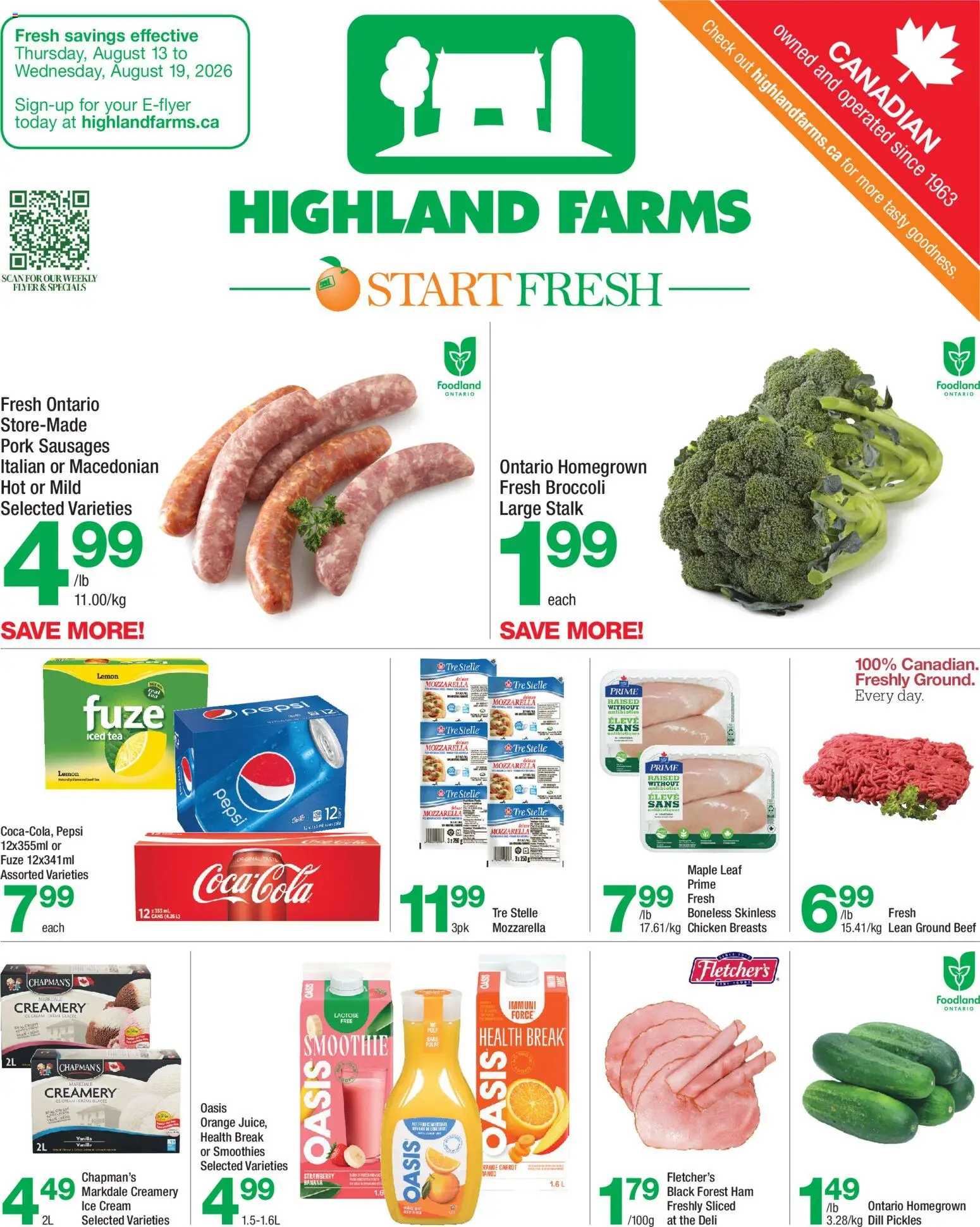 Highland Farms flyer valid from Aug 13, 2026 | Page: 1 | Products: Iced tea, Chicken breasts, Pepsi, Pork