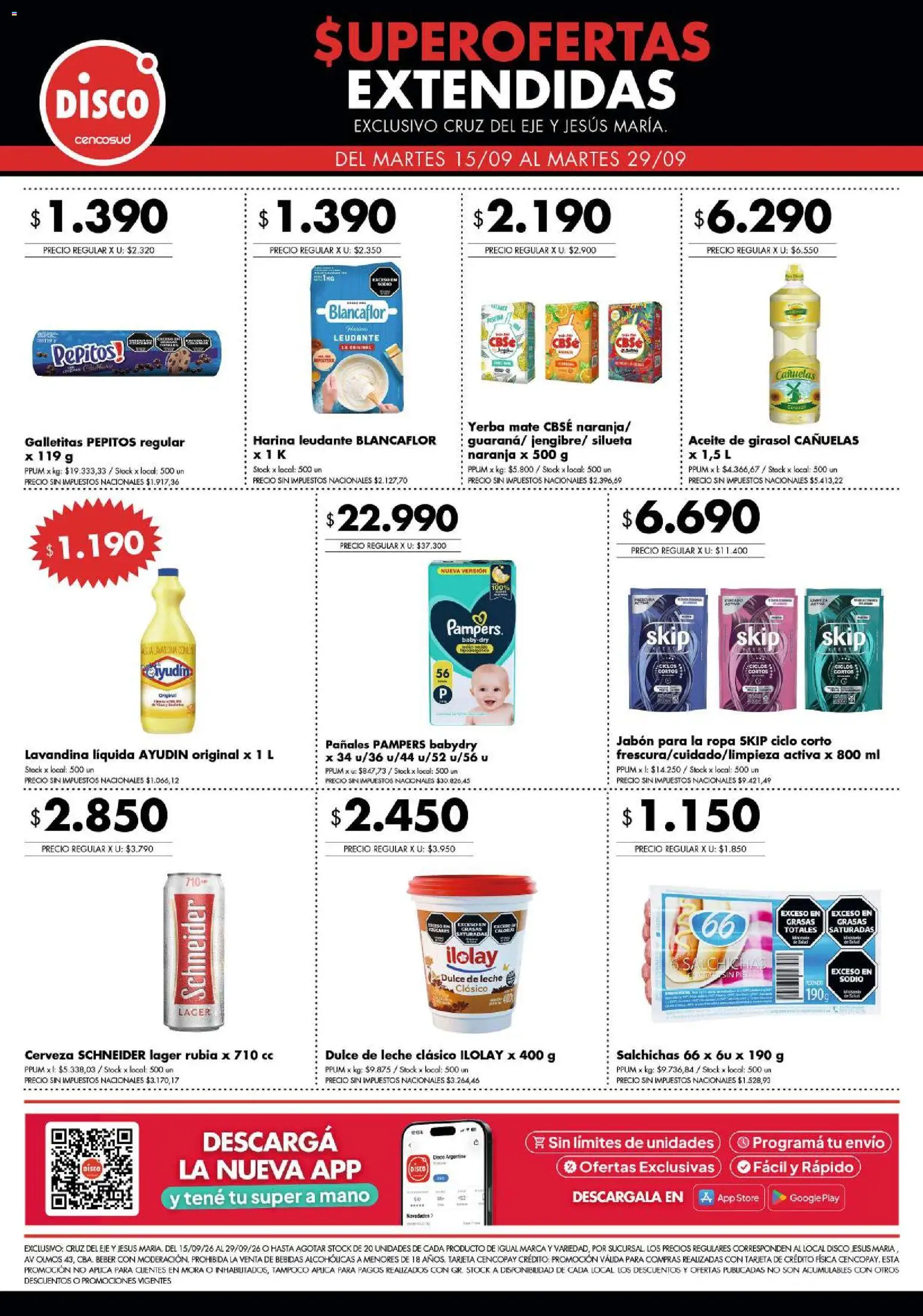 Disco - Superofertas extendidas - Cruz del Eje y Jesus Maria │ válido desde el 15/09/2026 | Página: 7 | Productos: Lavandina, Jabón, Cerveza, Salchichas