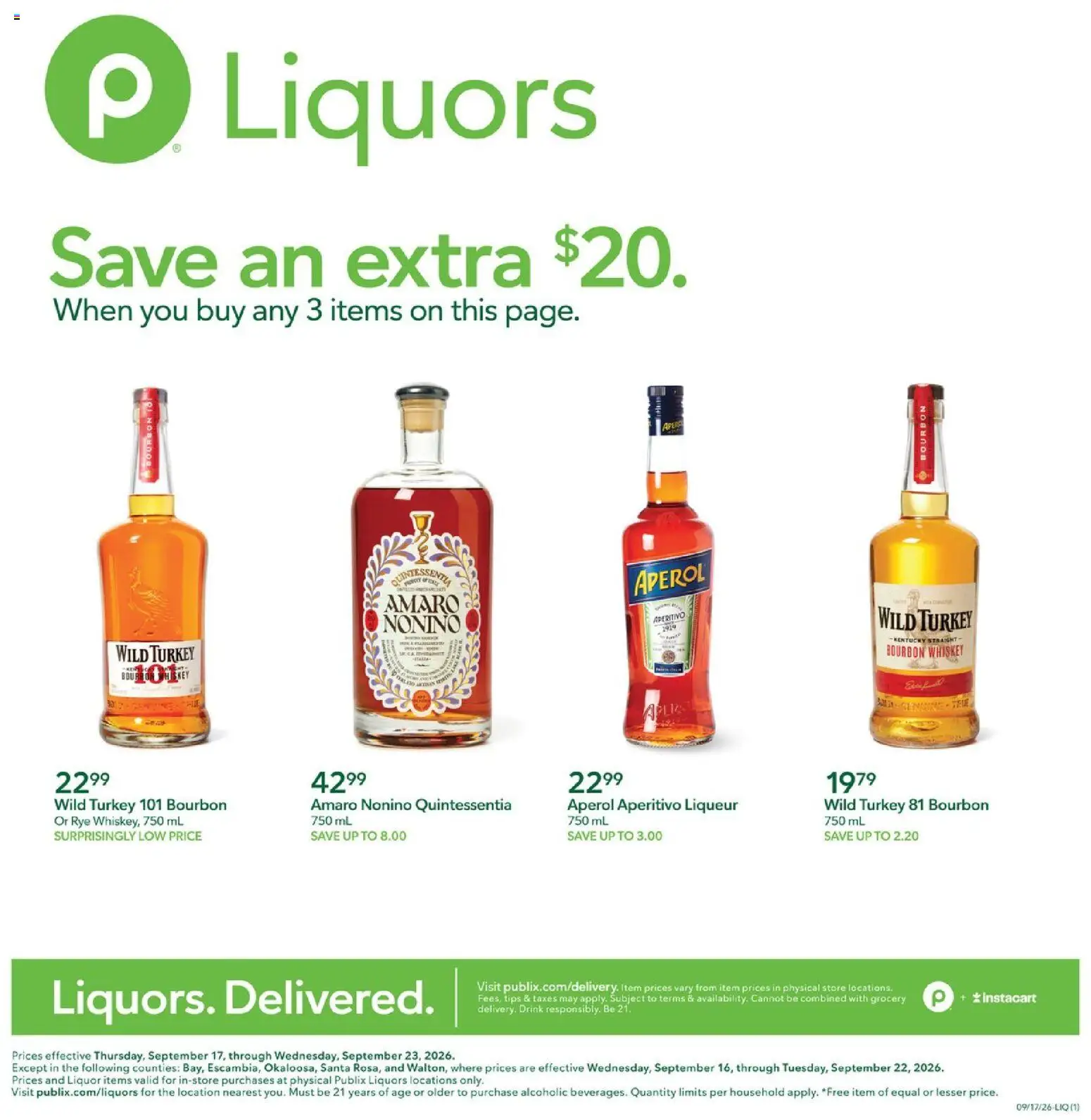 Publix Liquor Ad - valid from 09/17/2026 | Page: 1 | Products: Turkey, Bourbon, Whiskey, Aperol