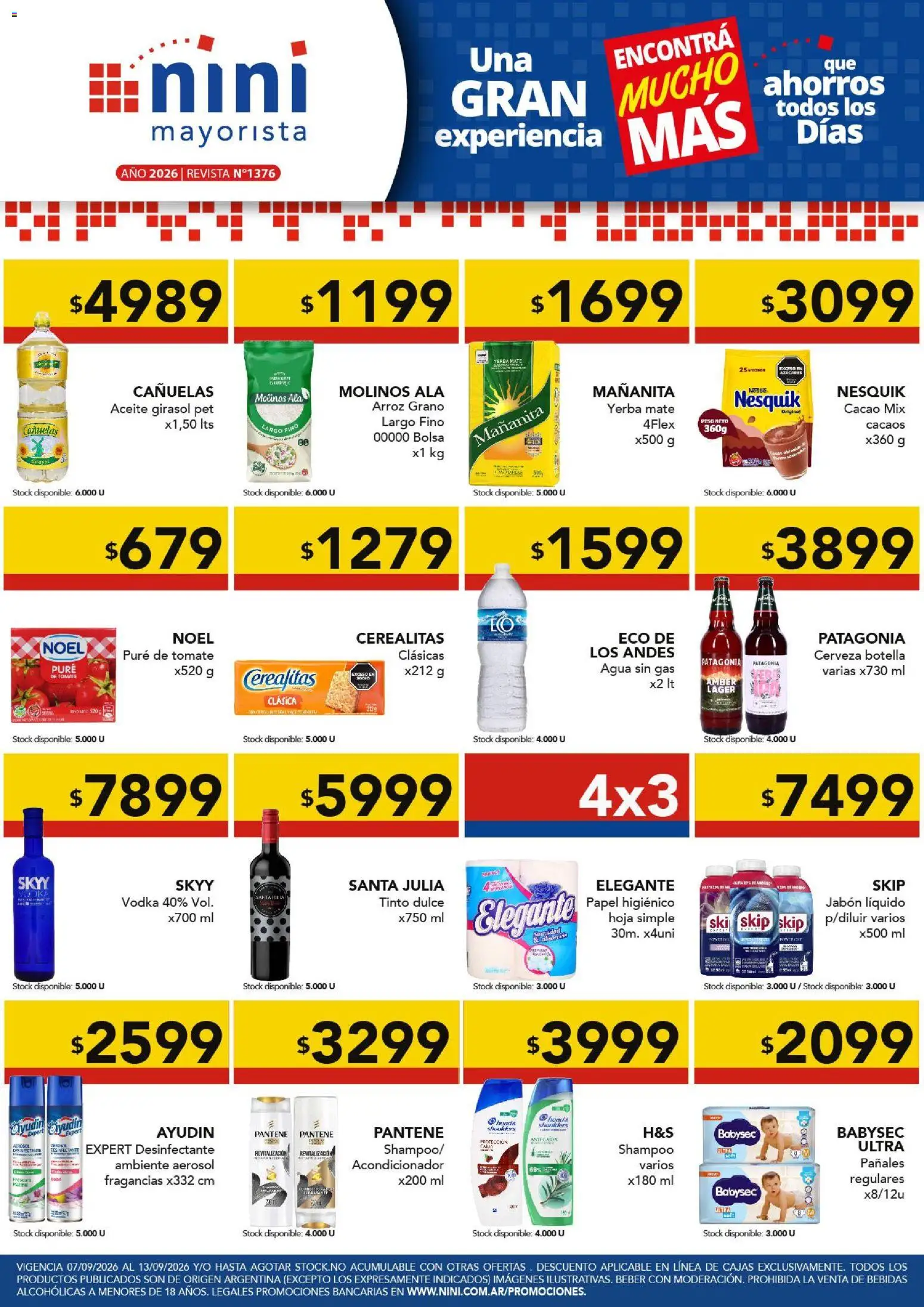 NINI Mayorista catálogo │ válido desde el 07/09/2026 | Página: 1 | Productos: Papel higiénico, Bebidas, Agua, Pañales