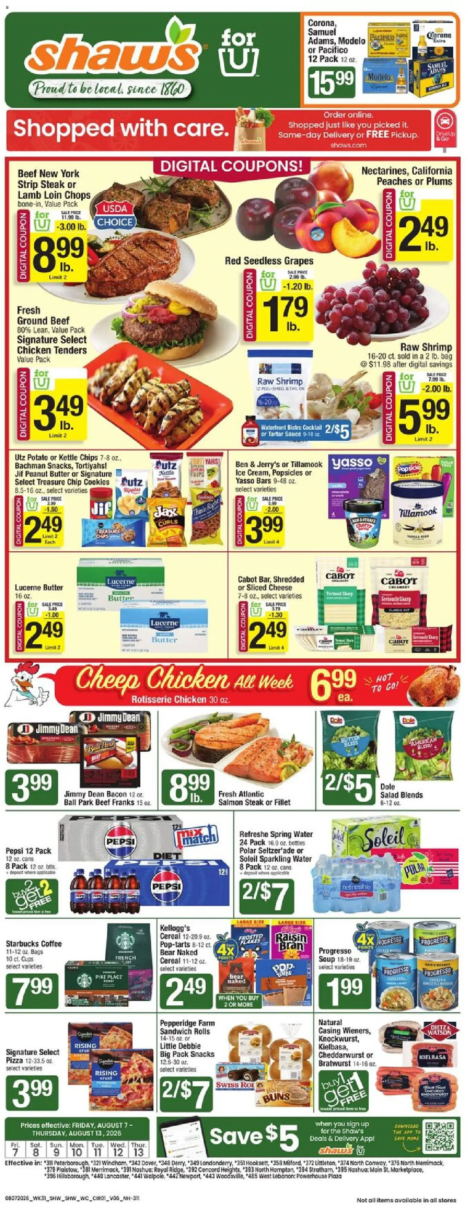 Shaw's Weekly Ad - NH - valid from 08/07/2026 | Page: 1 | Products: Chicken, Coffee, Chips, Cereal