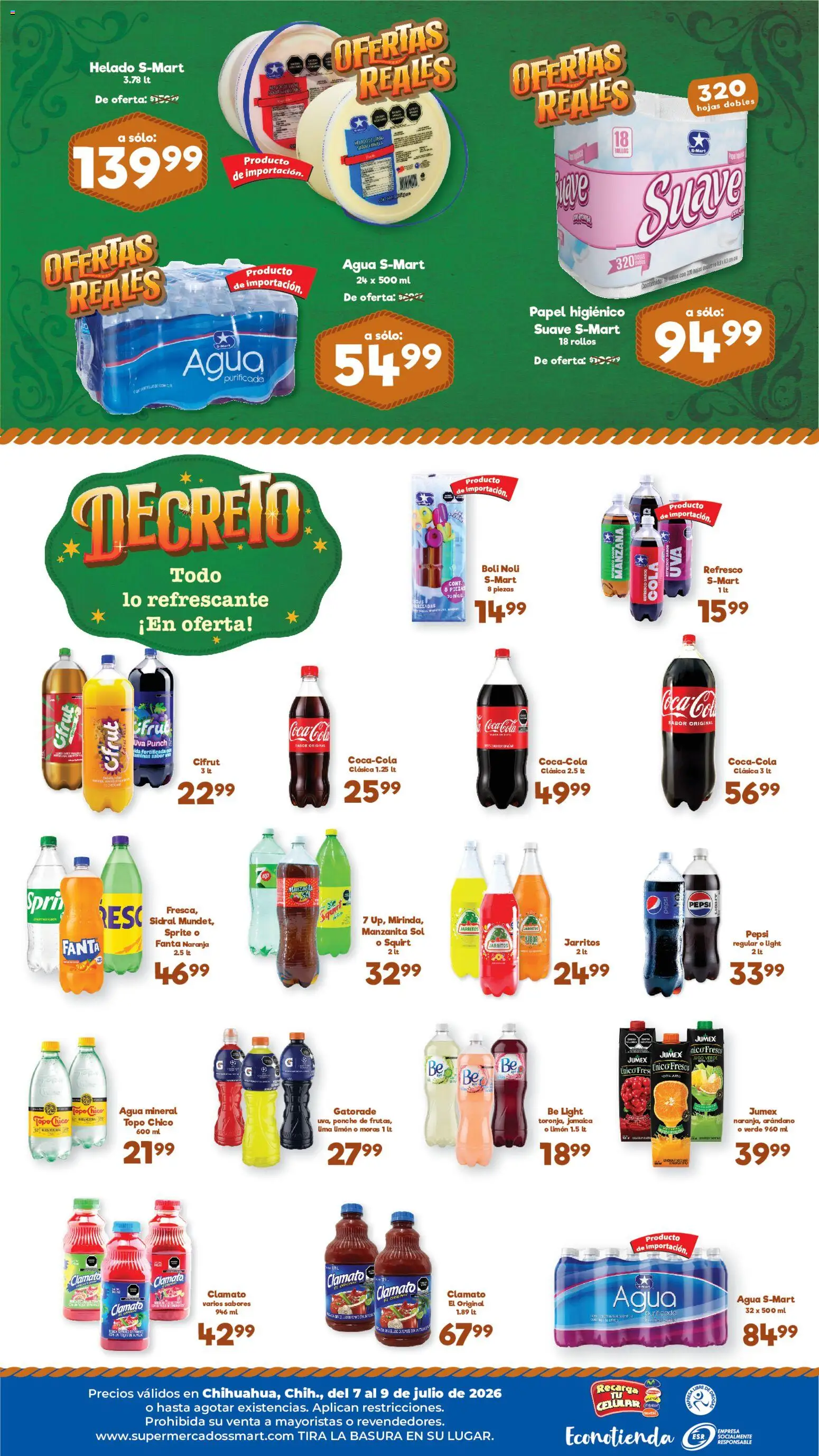 Nuevas ofertas de S-Mart válidas en toda la República Mexicana desde el 07/07/2026. ¡Encuentra las mejores ofertas en S-Mart folleto Ofertas de feria Chihuahua! | Página: 2 | Productos: Manzana, Agua, Limón, Papel higiénico
