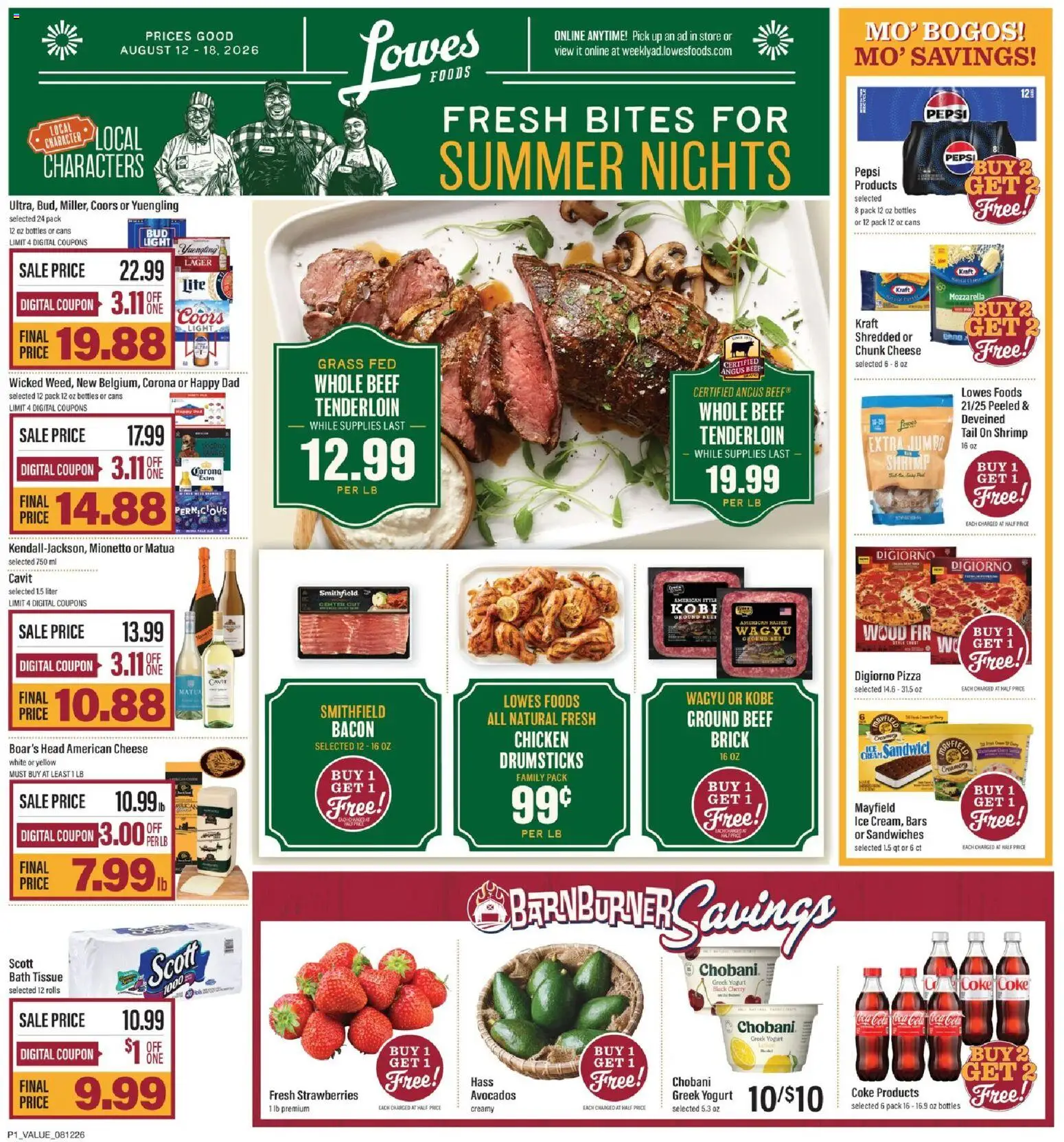 Lowes Foods Weekly Ad - NC - valid from 08/12/2026 | Page: 1 | Products: Yogurt, Pizza, Beef, Strawberries