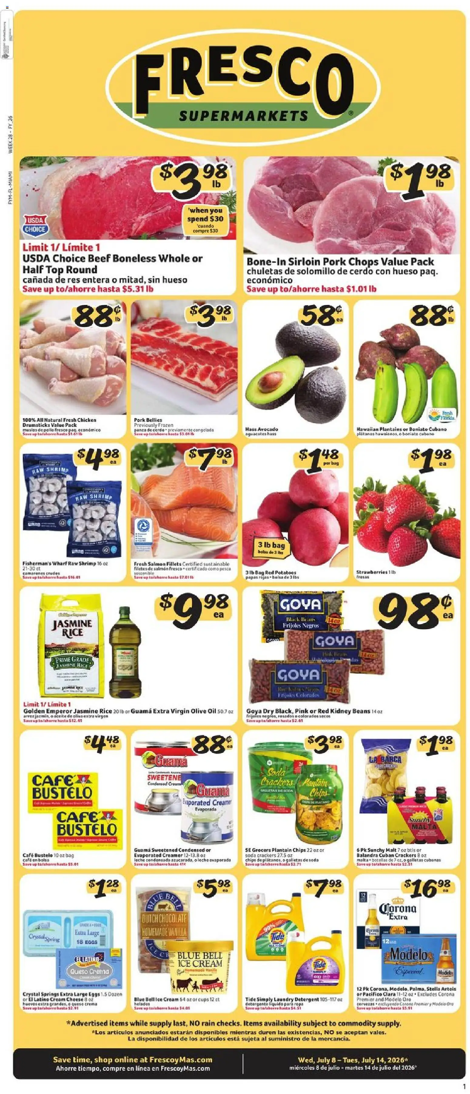 Fresco y Más Weekly Ad - valid from 07/08/2026 | Page: 1 | Products: Oil, Detergent, Chips, Avocado