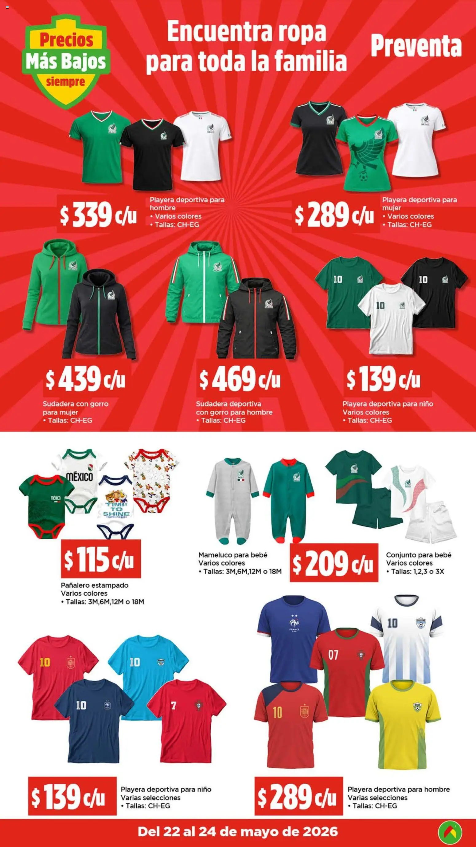 Nuevas ofertas de Bodega Aurrerá válidas en toda la República Mexicana desde el 22.05.2026. ¡Encuentra las mejores ofertas en Bodega Aurrerá folleto El precio más bajo de México! | Página: 12 | Productos: Ropa, Sudadera, Playera, Mameluco