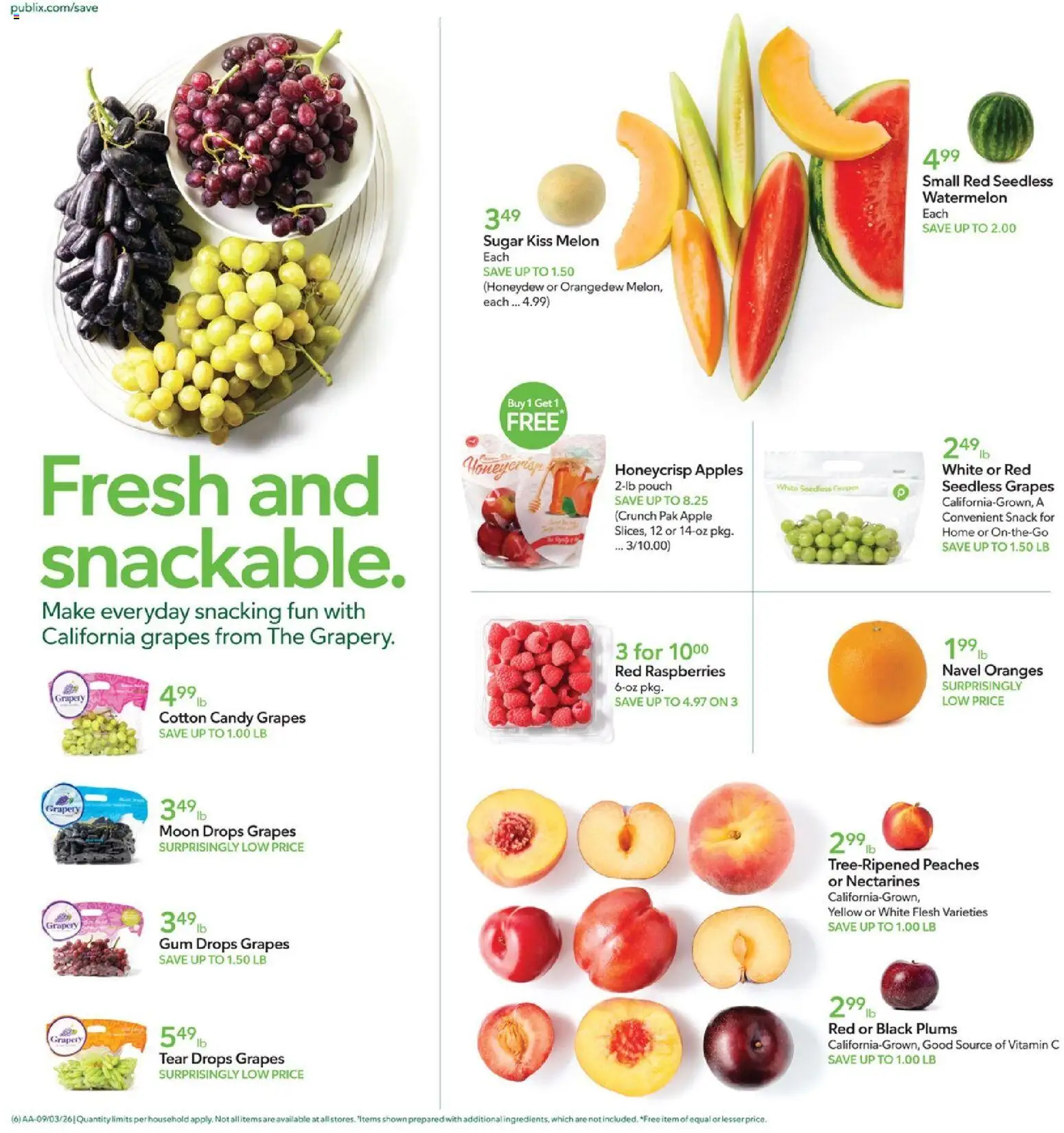 Publix Weekly Ad - valid from 09/02/2026 | Page: 6 | Products: Raspberries, Peaches, Oranges, Seedless grapes