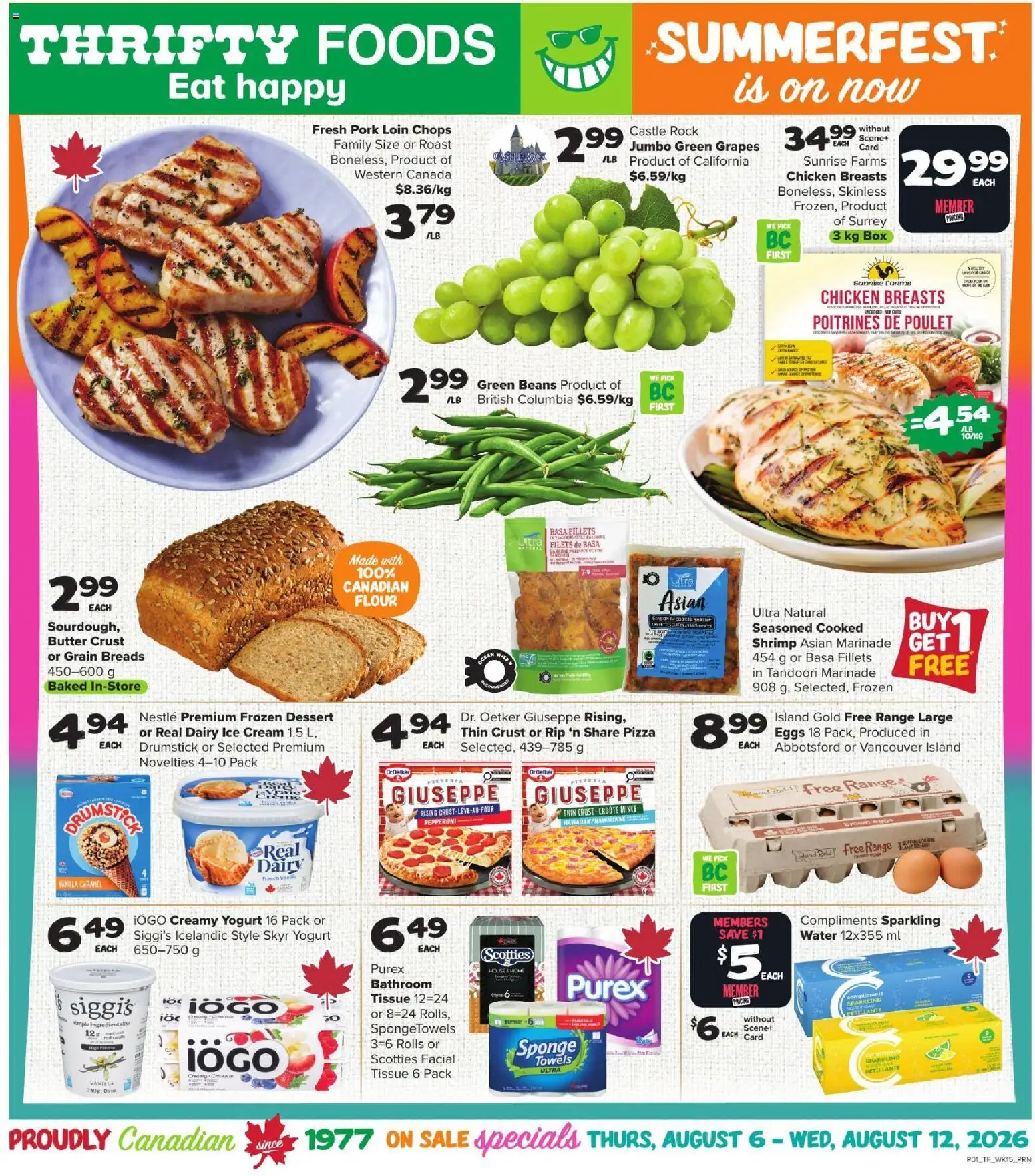 Thrifty Foods flyer valid from Aug 6, 2026 | Page: 1 | Products: Sponge, Pizza, Chicken, Pork