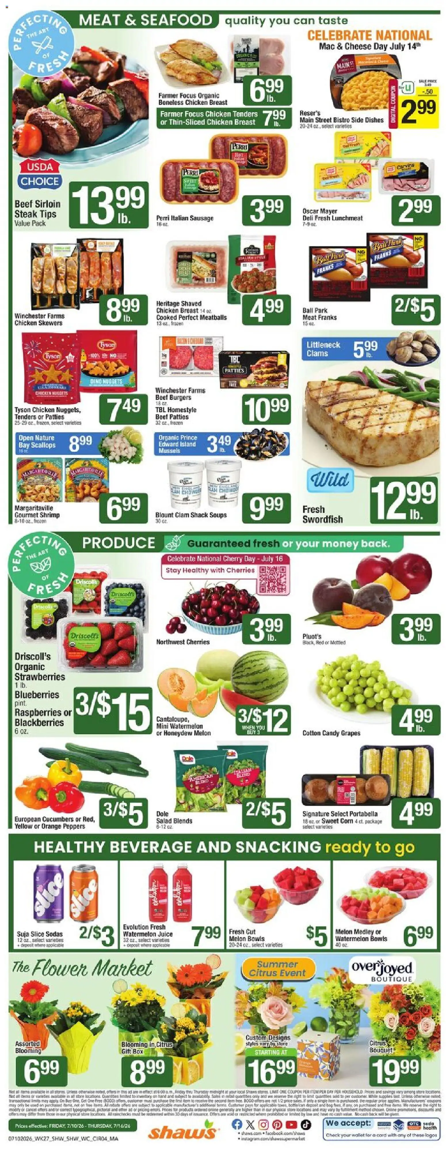 Shaw's Weekly Ad - MA - valid from 07/10/2026 | Page: 4 | Products: Strawberries, Sausage, Melon, Blueberries