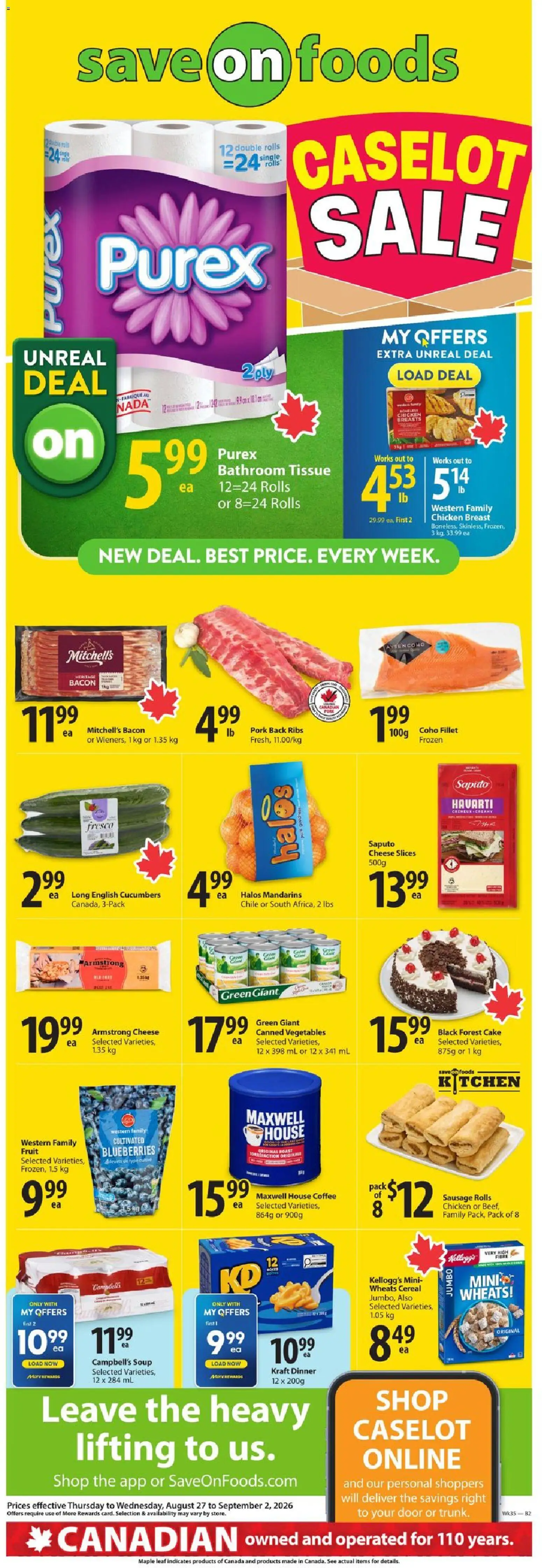 Save on foods flyer valid from Aug 27, 2026 | Page: 2 | Products: Fillet, Chicken breasts, Sausage, Chicken breast