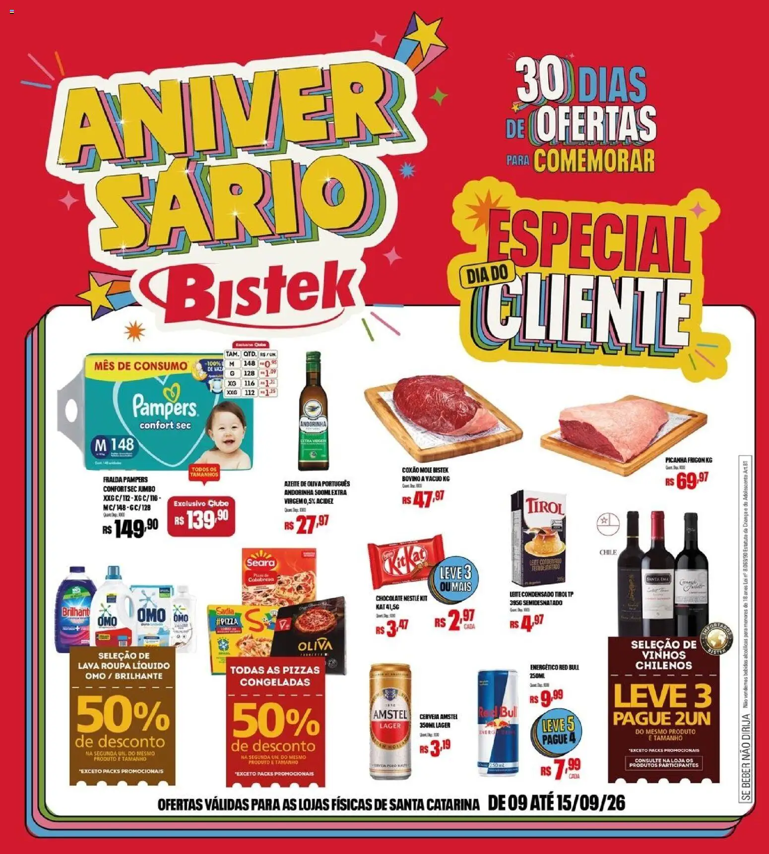 Bistek Supermercados Folheto - válido de 09/09/2026 | Página: 1 | Produtos: Energético Red Bull, Fralda pampers, Coxão mole, Azeite de oliva