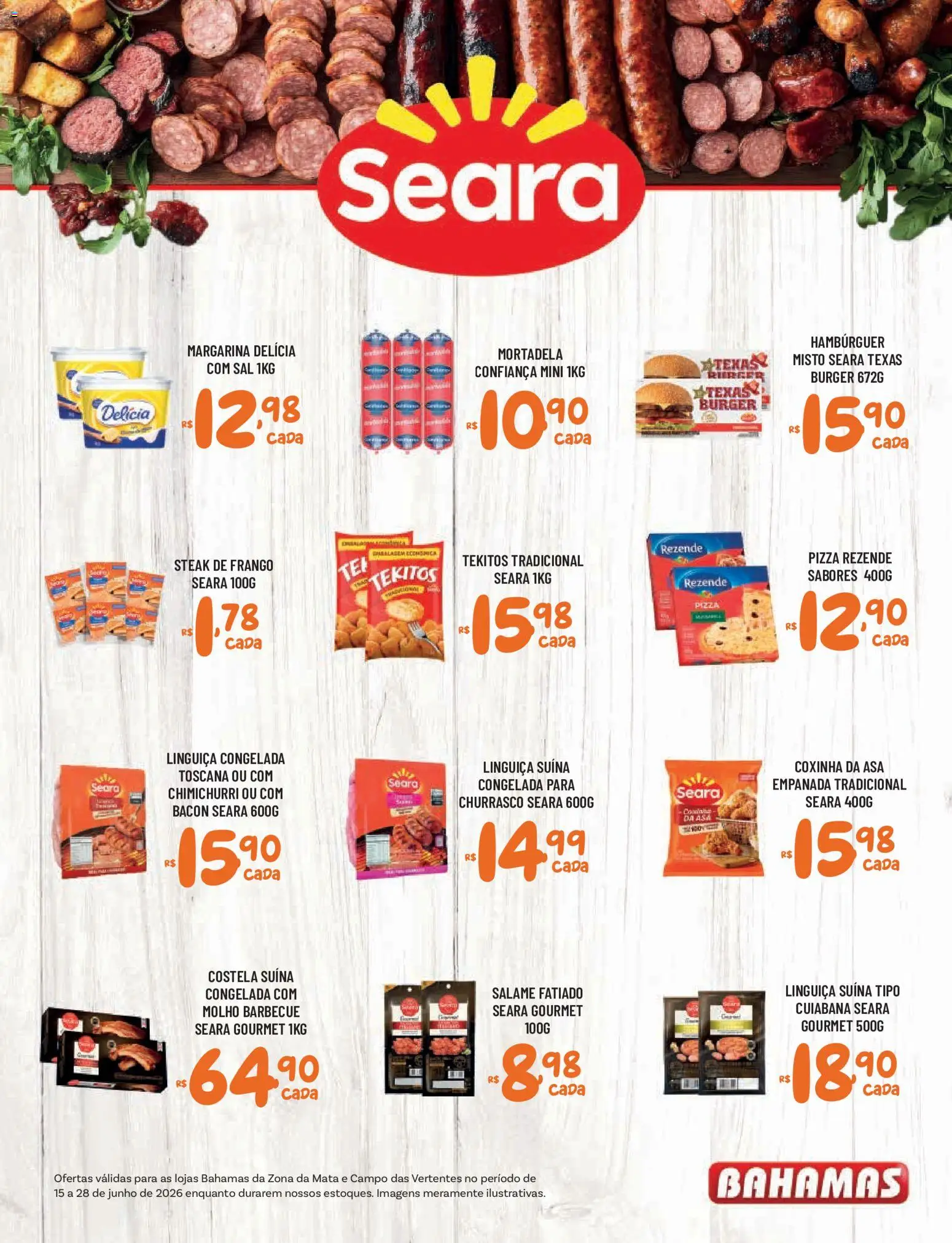 Bahamas Supermercados Folheto - válido de 15.06.2026 | Página: 7 | Produtos: Linguiça, Mortadela, Hambúrguer, Sal