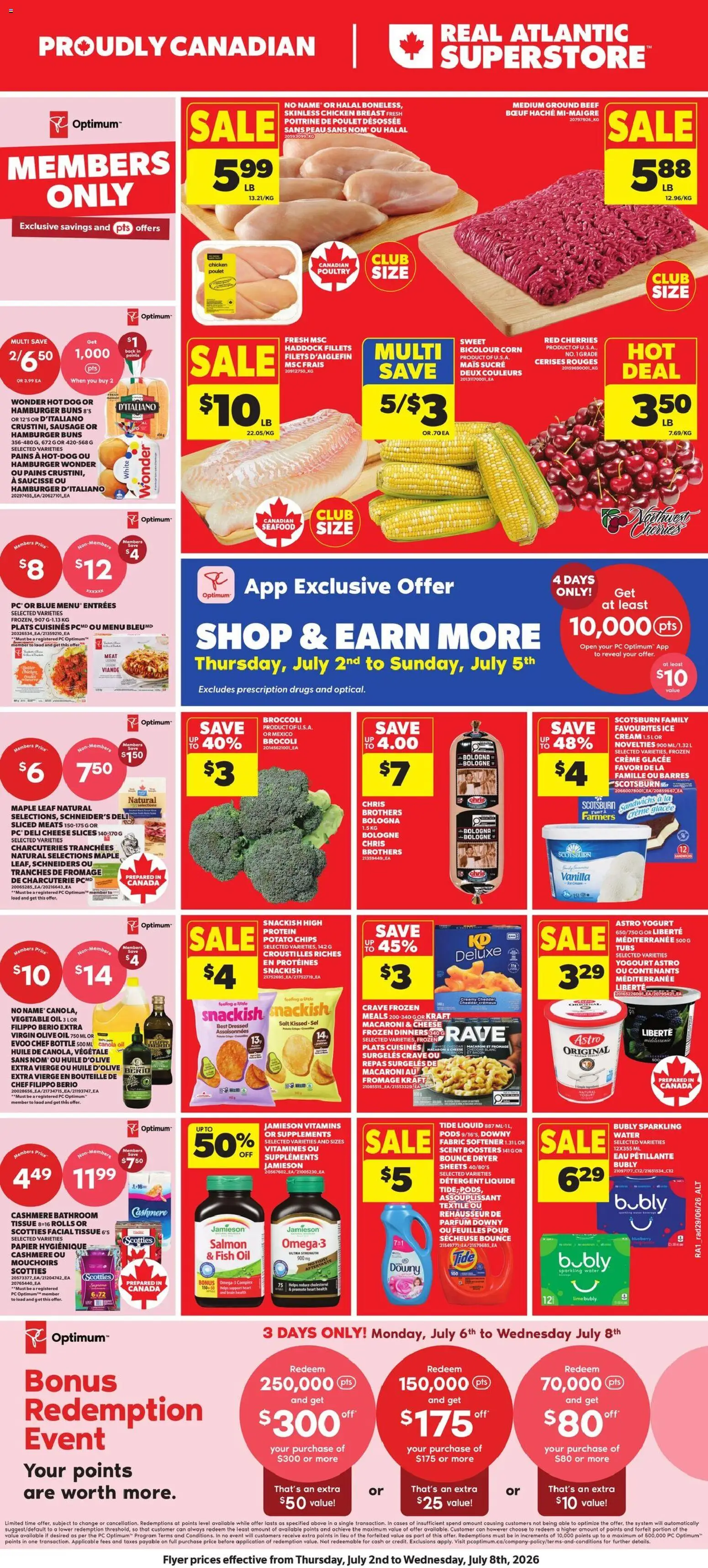 Atlantic Superstore flyer valid from Jul 2, 2026 | Page: 1 | Products: Fish, Beef, Fabric softener, Oil