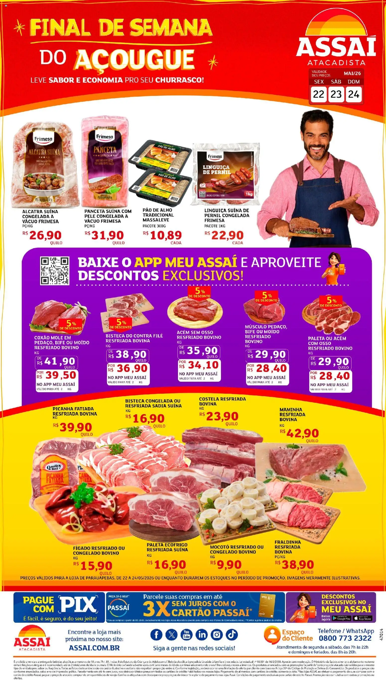 Assaí Atacadista Folheto - válido de 22.05.2026 | Página: 1 | Produtos: Fraldinha, Maminha, Carne, Telefone