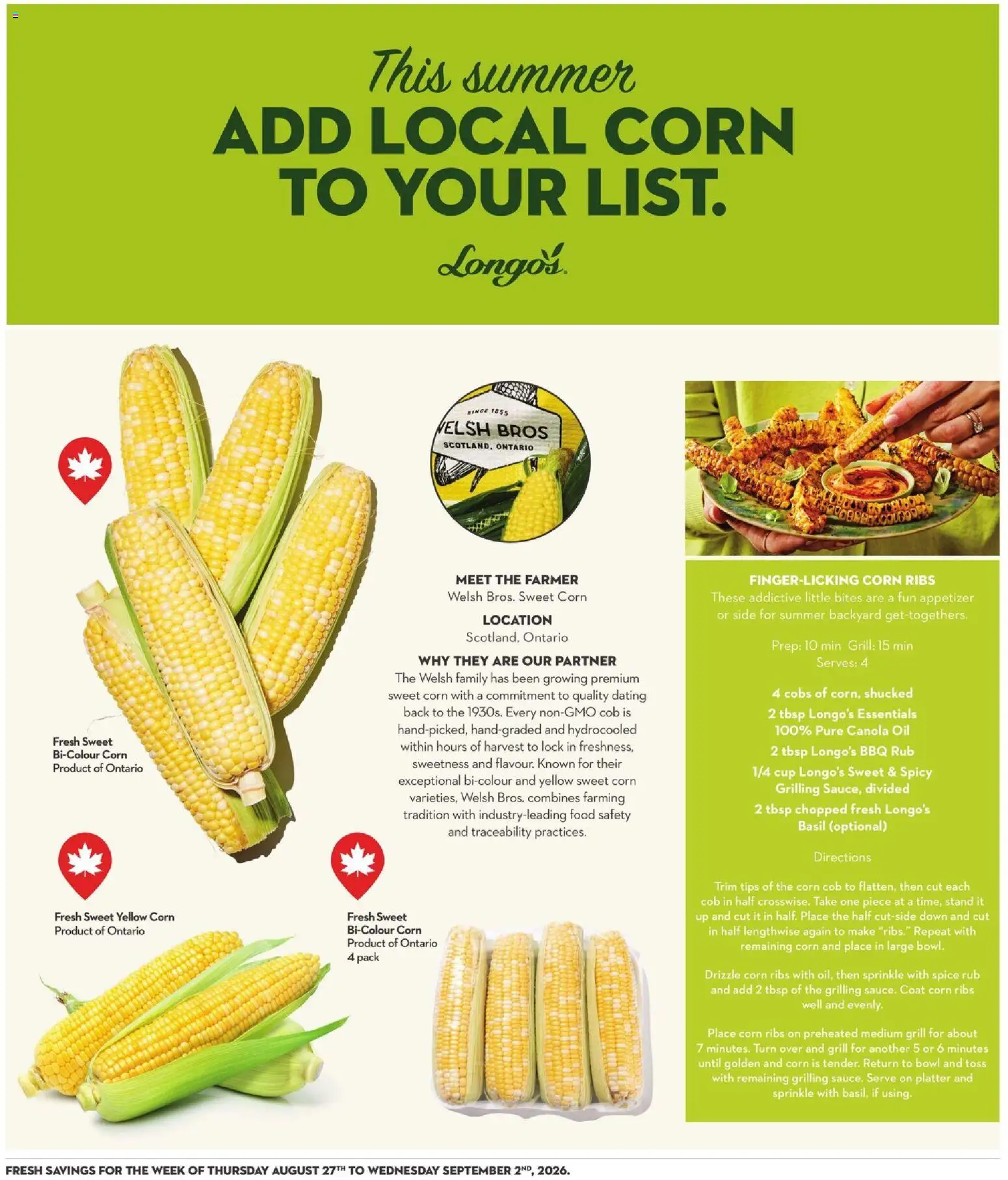 Longo's flyer valid from Aug 27, 2026 | Page: 4 | Products: Sweetness, Grill, Corn, Oil