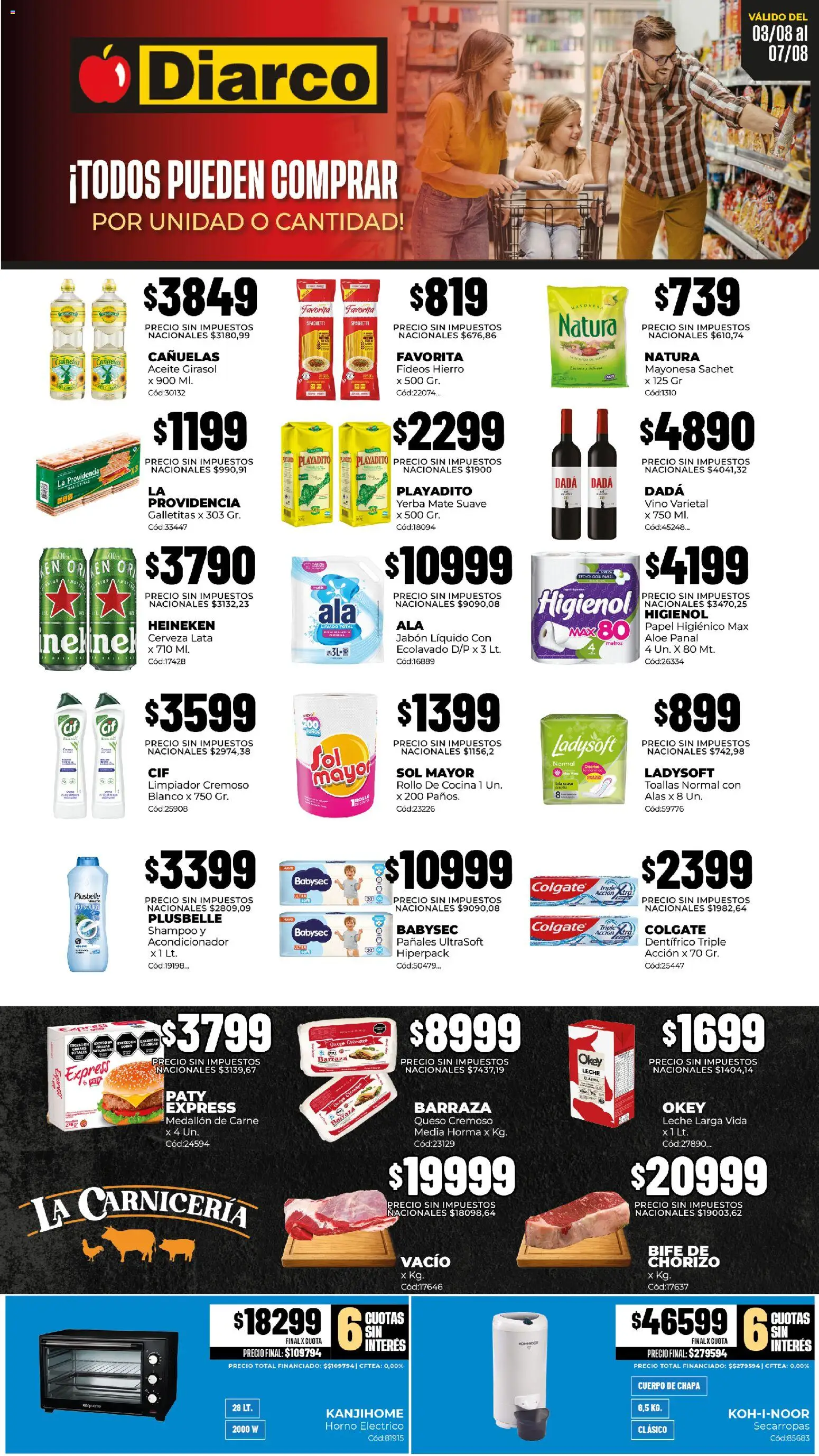 Diarco - Ofertas Pueblo Interior │ válido desde el 03/08/2026 | Página: 1 | Productos: Toallas, Shampoo, Carne, Pañales
