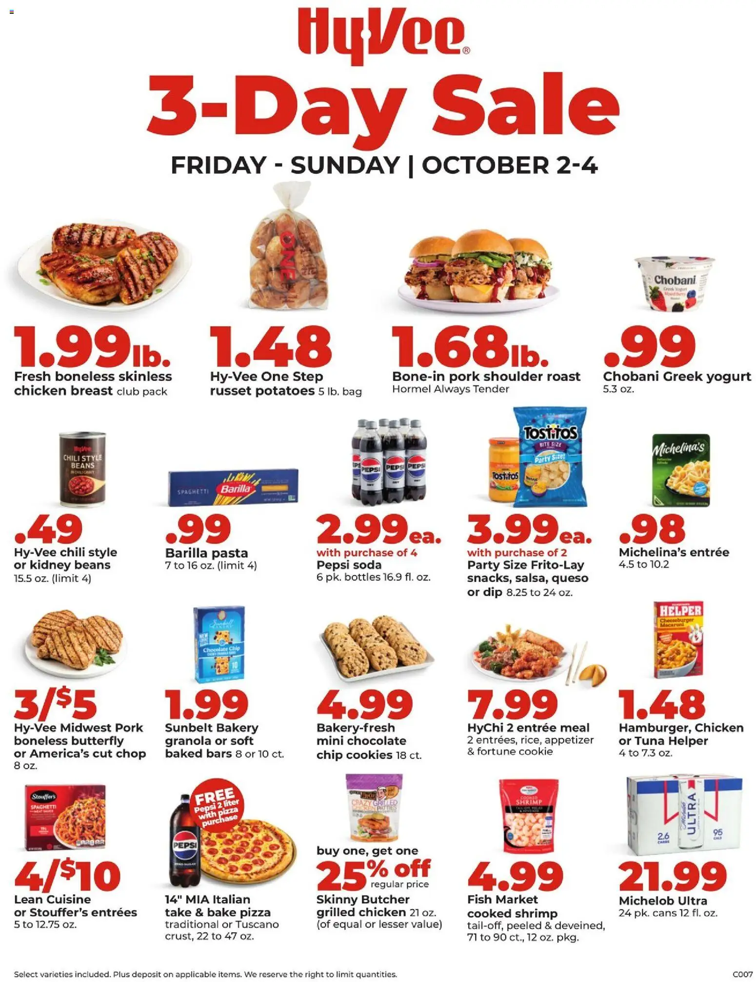 HyVee 3 Day Sale - valid from 10/02/2026 | Page: 1 | Products: Pork shoulder, Shrimp, Potatoes, Pepsi