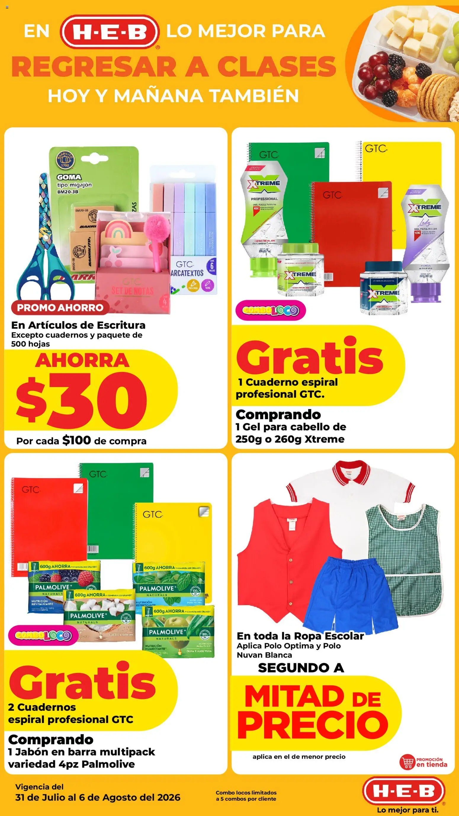 Nuevas ofertas de H-E-B válidas en toda la República Mexicana desde el 31/07/2026. ¡Encuentra las mejores ofertas en H-E-B folleto! | Página: 4 | Productos: Cuaderno, Algodón, Ropa, Jabón