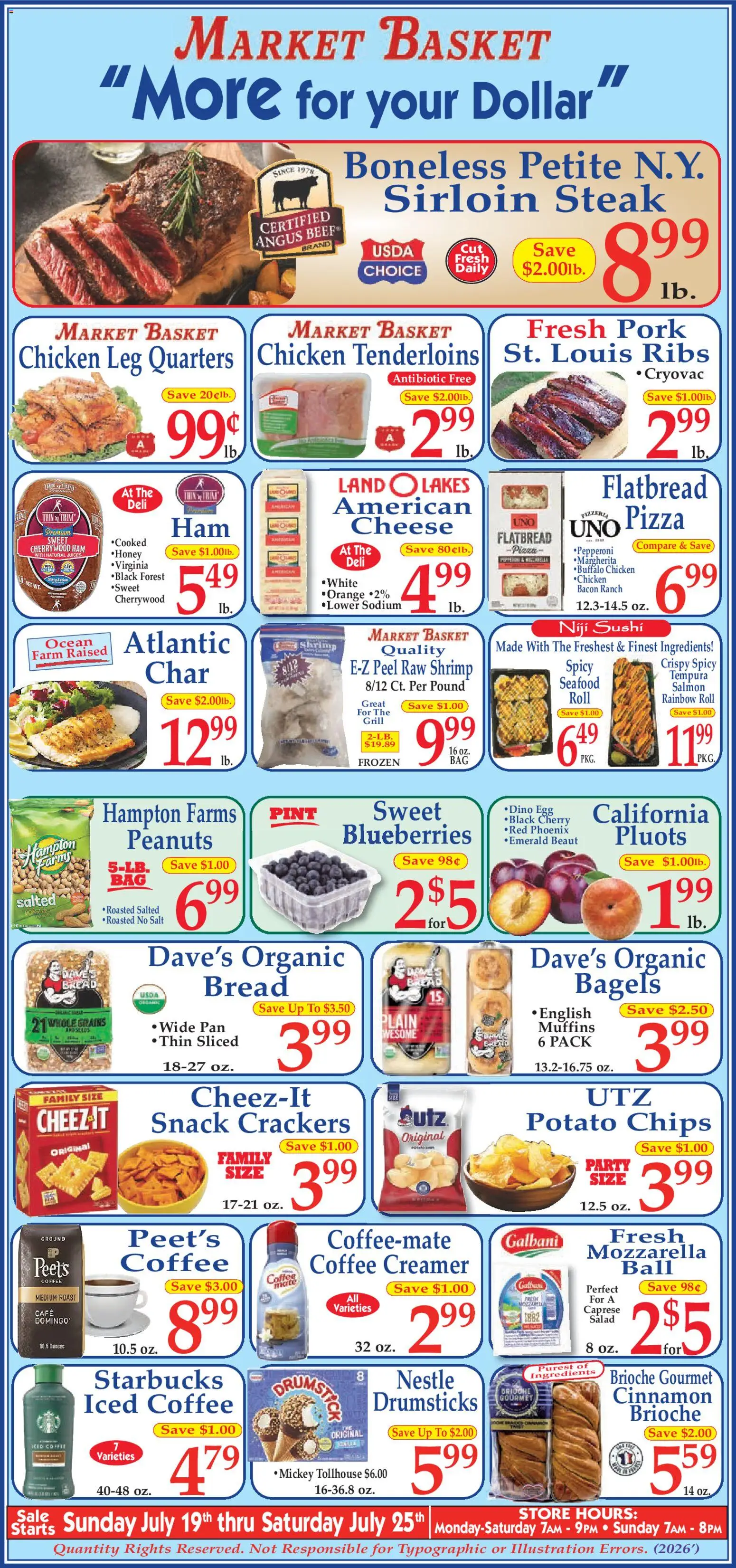 Market Basket Ad - valid from 07/19/2026 | Page: 1 | Products: Pizza, Chips, Blueberries, Grill